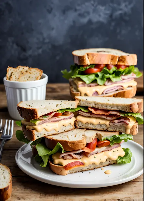 RAW photo of a BLT sandwich with extra bacon, (rustic diner background), seed bread, pepper jack cheese, (intricate details:1.12...
