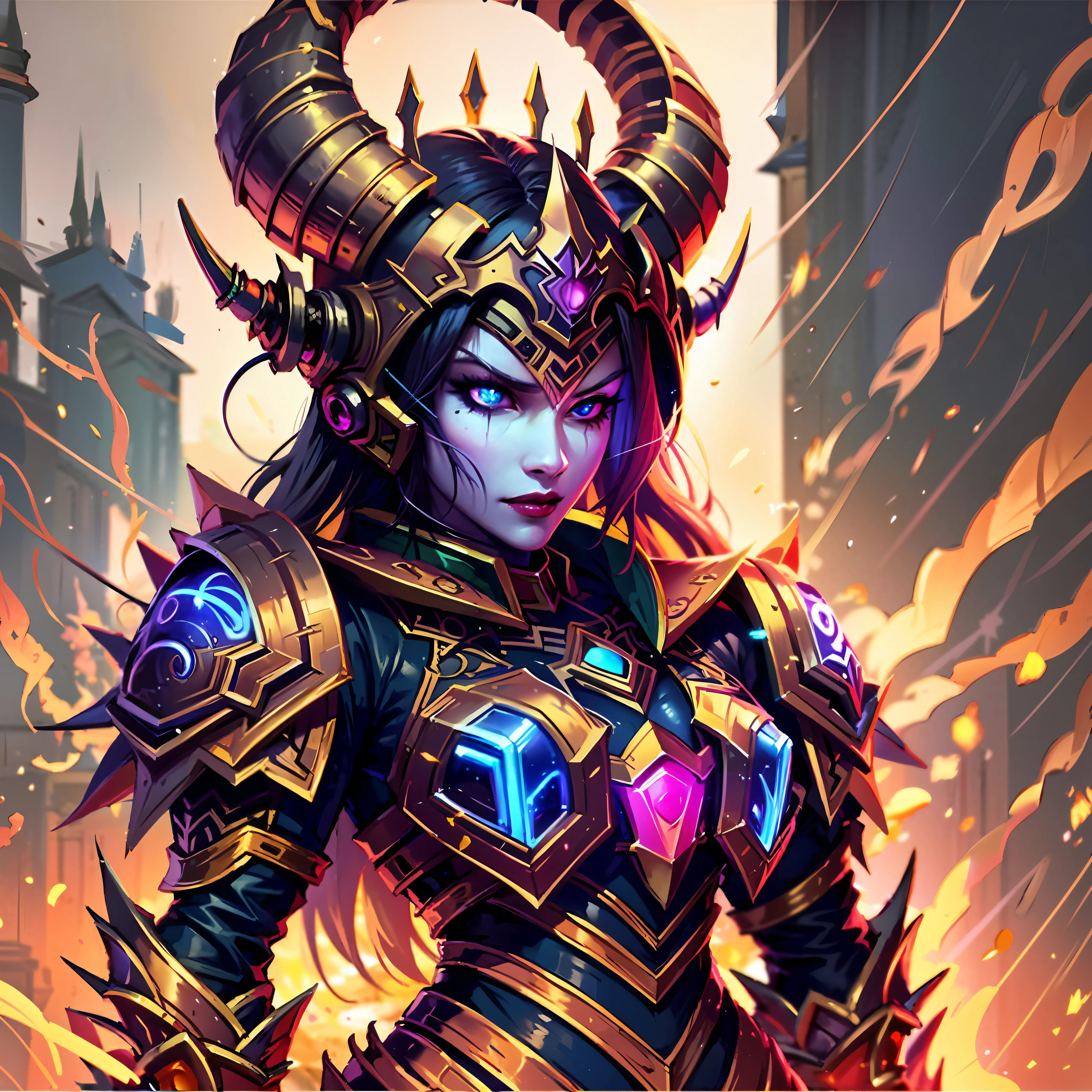 a close up of a woman with horns and a glowing face, alexstrasza, fantasy hearthstone art style, hearthstone card game artwork. ”, in hearthstone art style, hearthstone card game artwork, world of warcraft art style, hearthstone art, hearthstone card artwork, hearthstone art style, hearthstone artwork, hearthstone card art, tiefling female warlock, fantasy paladin woman, from hearthstone