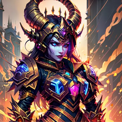 a close up of a woman with horns and a glowing face, alexstrasza, fantasy hearthstone art style, hearthstone card game artwork. ...