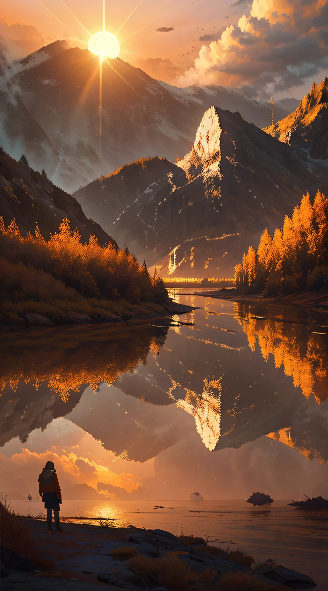 Dusk, river bank, colorful sky, orange sun, mountains, distant mountains, outline, beautiful scenery