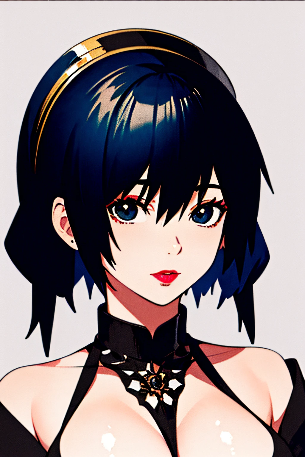 noodle (gorillaz), masterpiece, best quality, 1girl, solo, hat, blue hair, twintails, makeup, bangs, collar, short hair, portrait, lipstick, black eyes, parody, breasts,