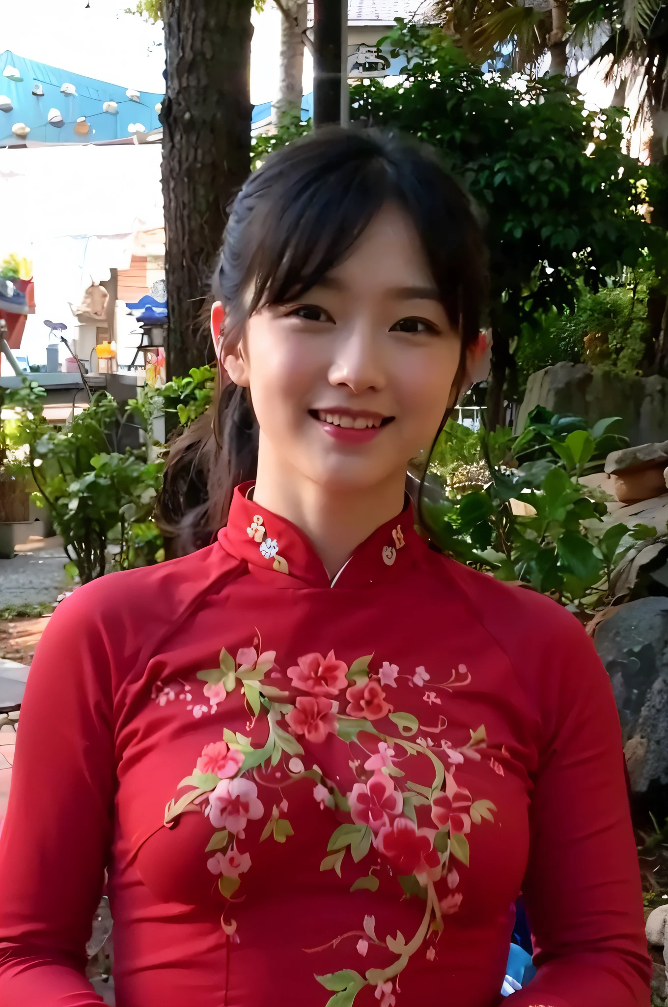 (8K, 最好的品質, 傑作: 1.3), (實際的, photo實際的: 1.4), 超高畫質, (ao dai), (紅色衣服), (日本女), (高清可愛的臉), (大乳房), 棕色的頭髮, 馬尾辮, 專業照明, (閉著嘴: 1.2), 臉紅, 微笑