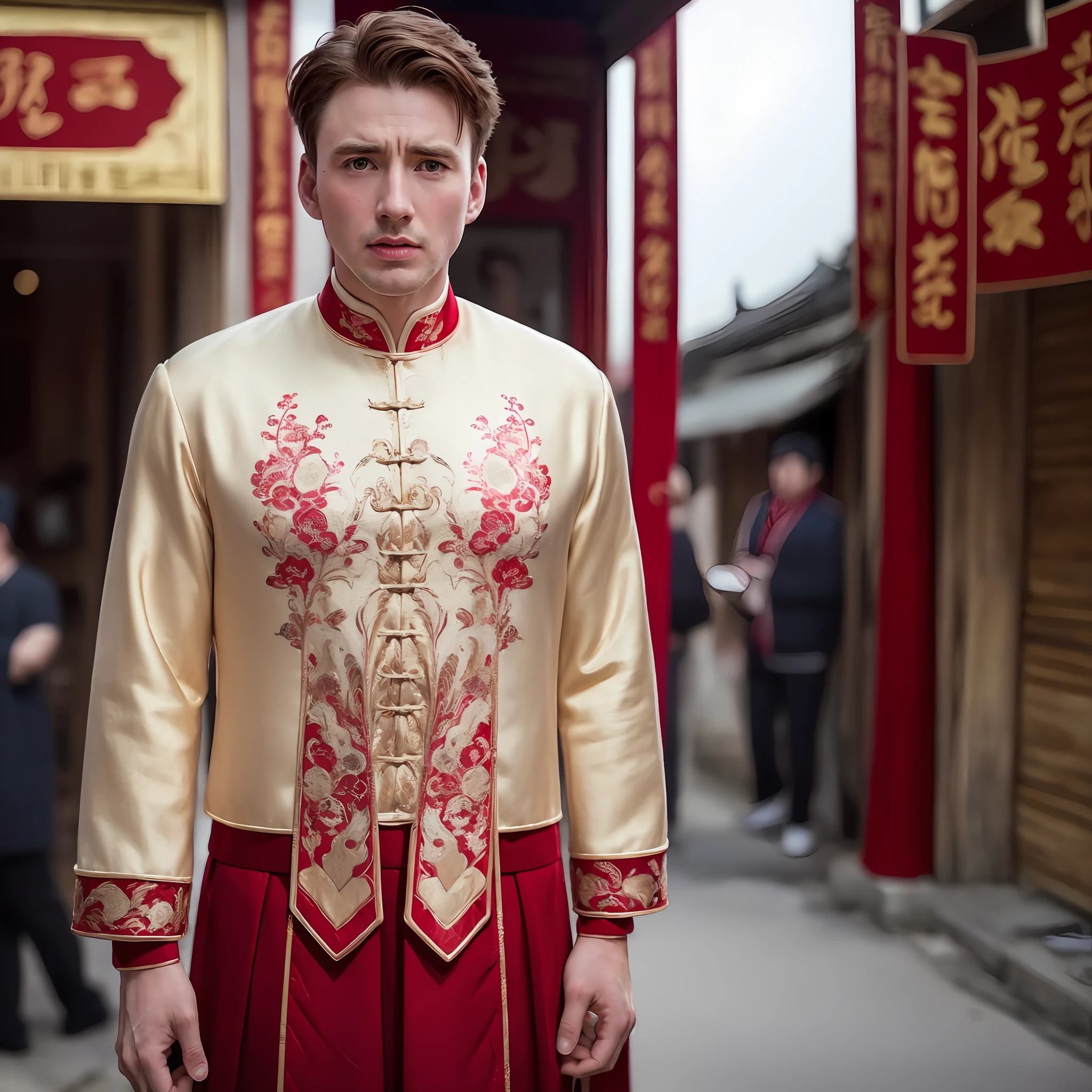 Chris Evans (8k, RAW photo, best quality, masterpiece:1.2), (realistic, photo-realistic:1.4), ultra-detailed, ,perfect detail ,  make up,(upper body shot:1.1),China Jiangnan water town style, a man, a dress with a red and gold pattern on it