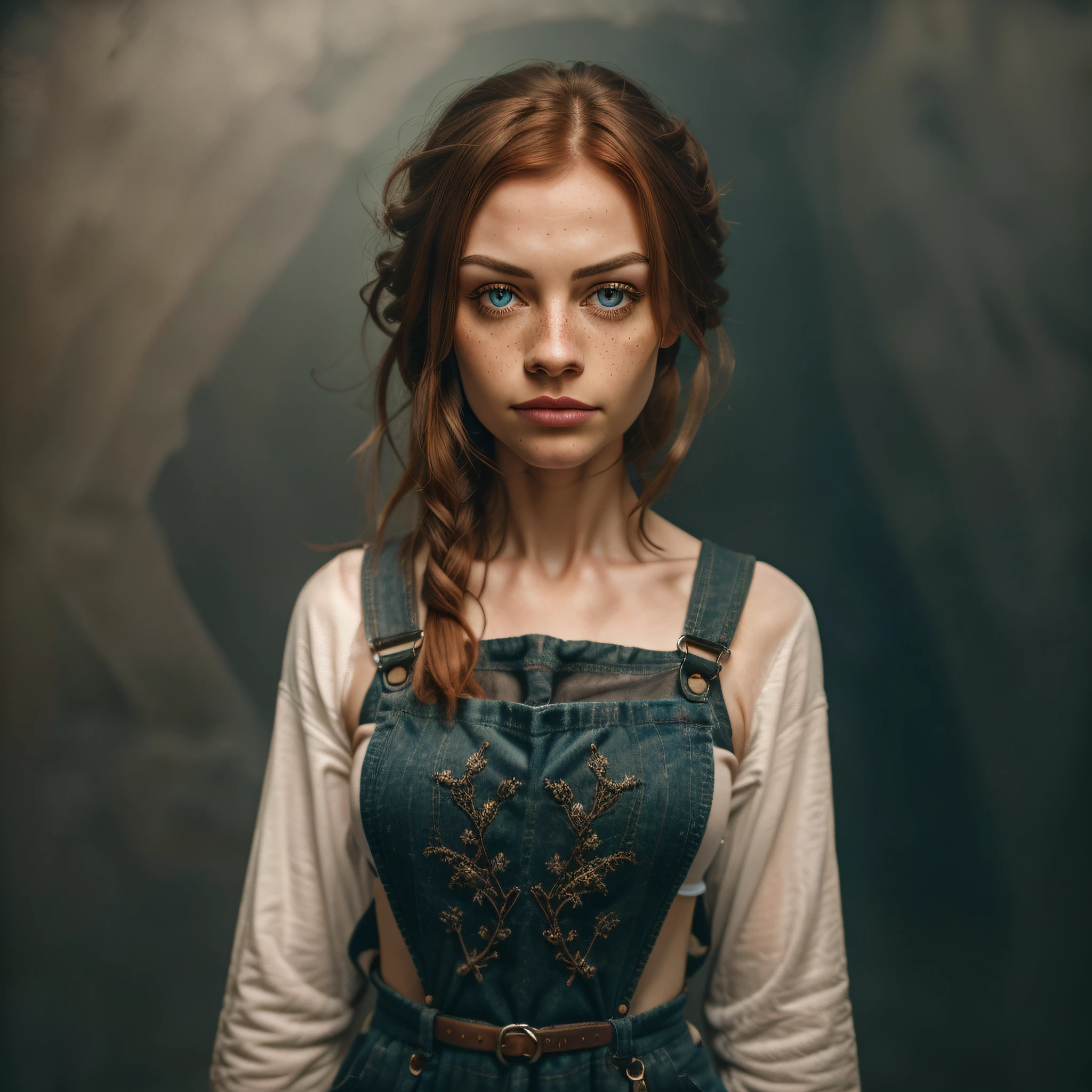 a professional portrait photo of a cute ginger woman, some freckles, Hasselblad award winner, omimoji, slate atmosphere, cinematic, dimmed colors, dark shot, muted colors, film grainy, lut, insane details, intricate details, hyperdetailed, twilight, wearing cute open overalls, glaring eyes,