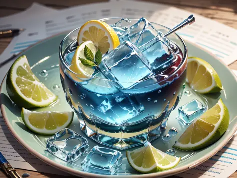 Draw lemon and ice cubes on blue background 🍸🍋, very much lemon cut + super many crushed ice cubes, detailed acrylic painting, super detailed painting, lime, detailed painting 4 K, digital painting highly detailed, super detailed acrylic painting, detailed...