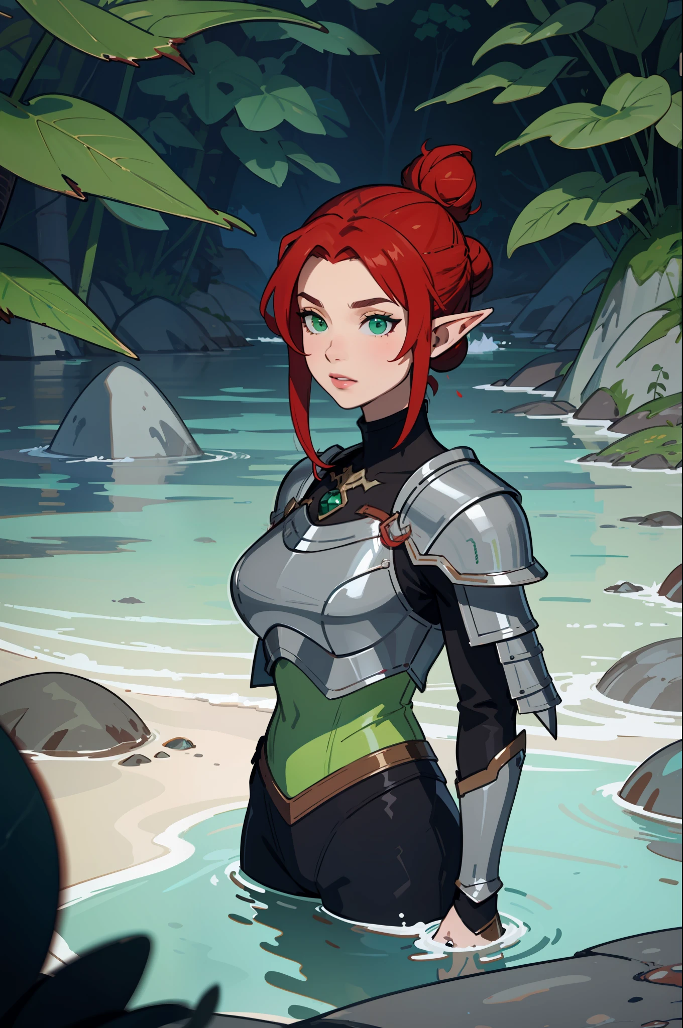 (masterpiece, best_quality, ultra-detailed, immaculate: 1.3), epic, illustration, elf mountain desert warrior lord, armor, dark hair, ((red hair)), very long hair, in the deep ocean, in a lush spring forest, bombshell hair, bright slate gray hair with green sea highlights, Bob Flapper, hair bun