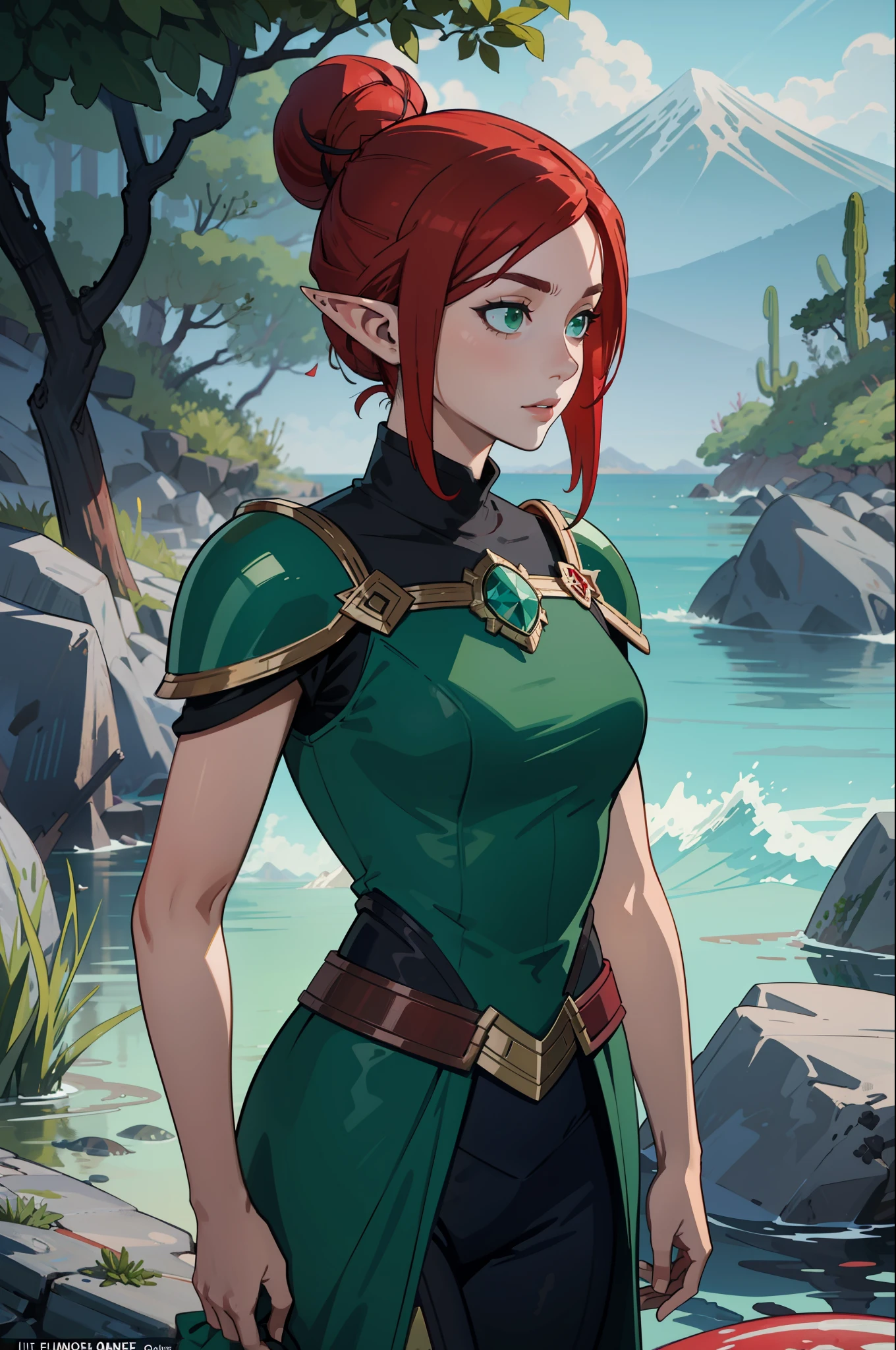 (masterpiece, best_quality, ultra-detailed, immaculate: 1.3), epic, illustration, elf mountain desert warrior lord, armor, dark hair, ((red hair)), very long hair, in the deep ocean, in a lush spring forest, bombshell hair, bright slate gray hair with green sea highlights, Bob Flapper, hair bun