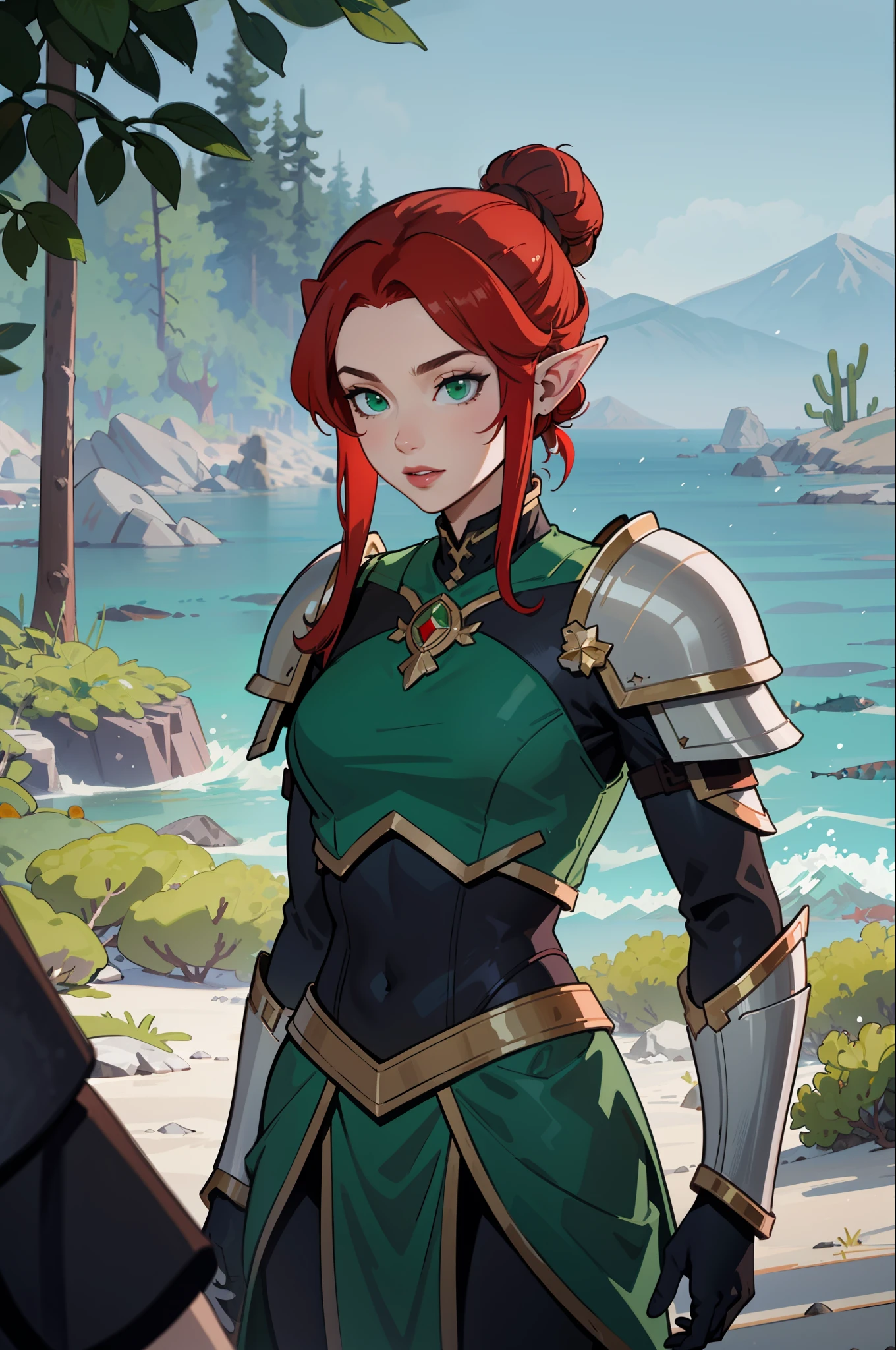 (masterpiece, best_quality, ultra-detailed, immaculate: 1.3), epic, illustration, elf mountain desert warrior lord, armor, dark hair, ((red hair)), very long hair, in the deep ocean, in a lush spring forest, bombshell hair, bright slate gray hair with green sea highlights, Bob Flapper, hair bun