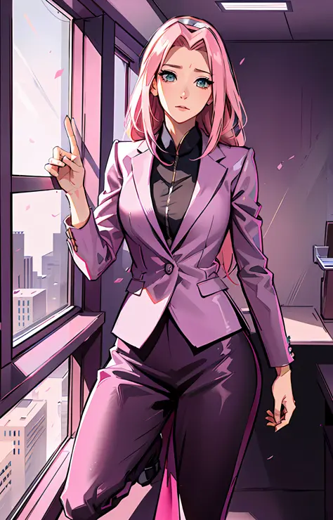 sakura haruno, ((solo)), alone, ((forehead the show)), elegant,wearing a feminine suit, pink hair, delicate, young, long hair, d...