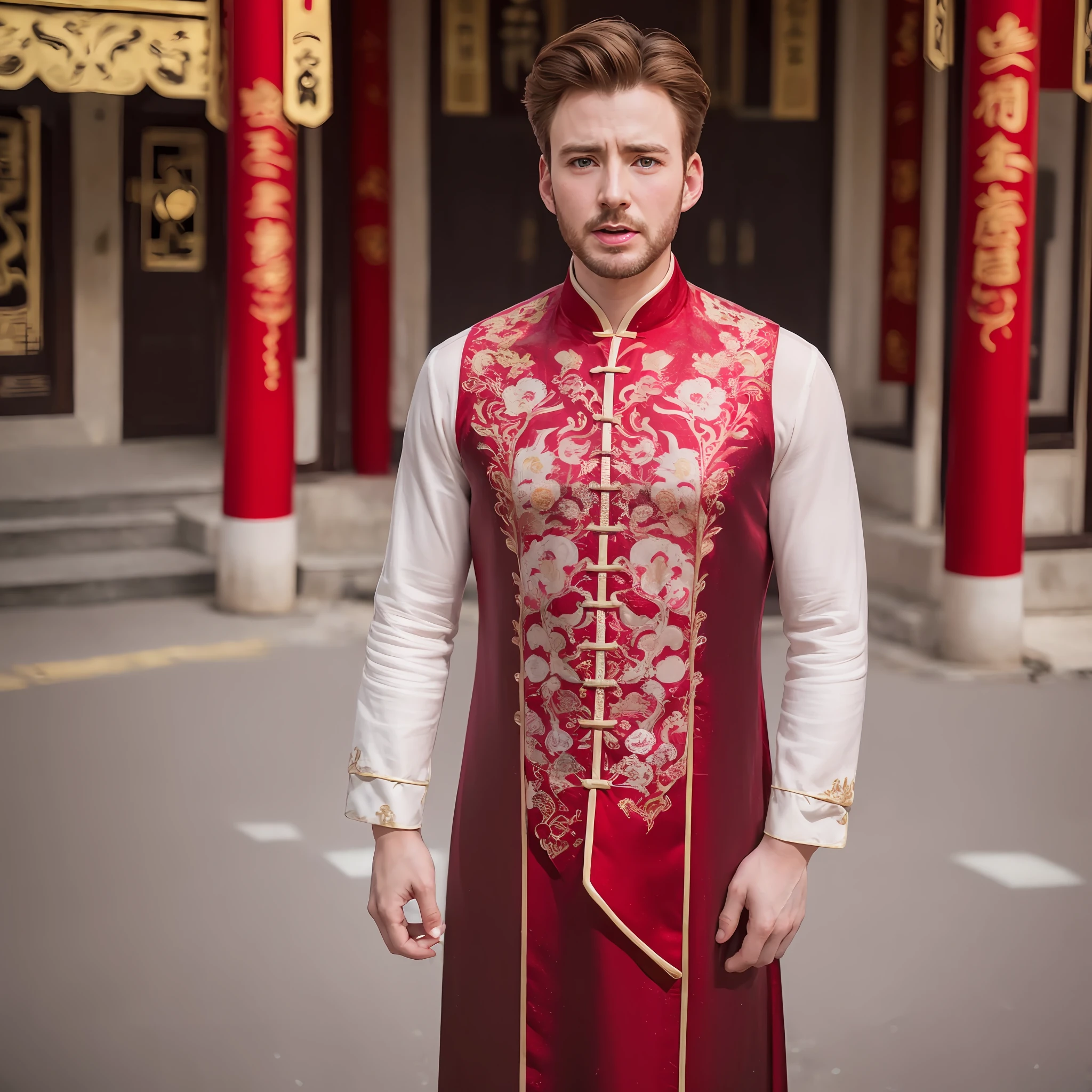 Chris Evans (attractive pose)(smile face)(8k, RAW photo, best quality, masterpiece:1.2), (realistic, photo-realistic:1.4), ultra-detailed,perfect detail ,  make up,(upper body shot:1.1),China Jiangnan water town style, a man, a dress with a red and gold pattern on it