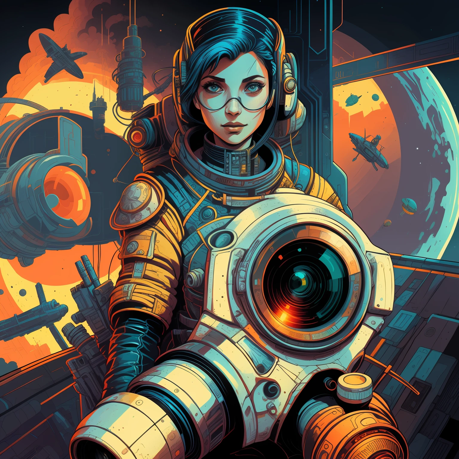 a woman in a space suit holding a camera and a gun, jen bartel, in the art style of dan mumford, in the style dan mumford artwork, sci-fi digital art illustration, colorful sci-fi steampunk, inspired by Dan Mumford, cyberpunk art style, in style of digital illustration, detailed cyberpunk illustration, sci - fi illustrations, sci-fi illustrations