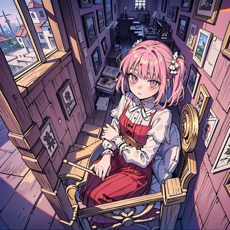 pink hair, antique style, looking out in the attic, girl, expressionless, paintings on the walls, wearing a lolita skirt, windmi...