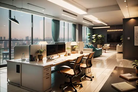 gdmint luxury modern interior design of an open floor office with modern furniture, 4k, macbook