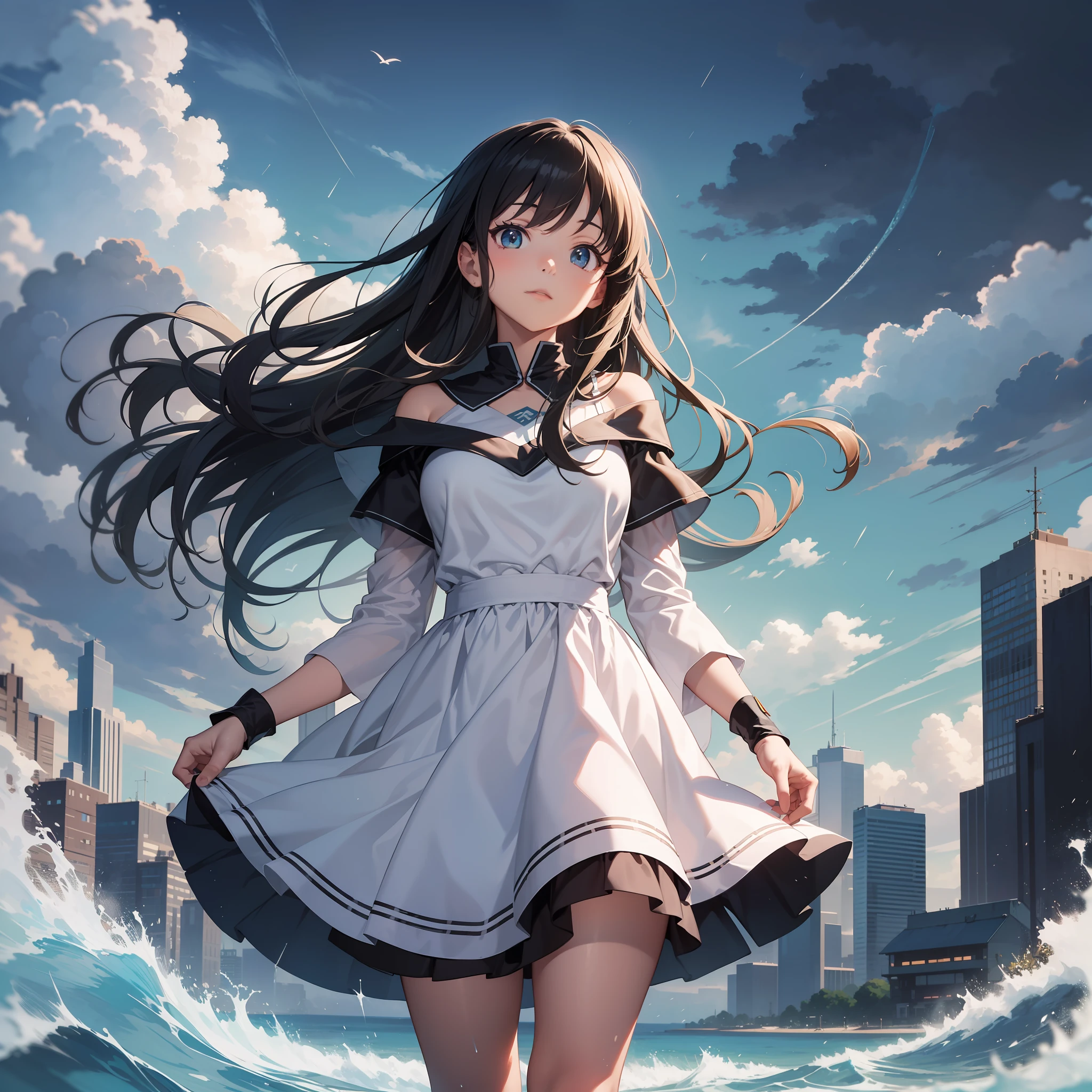 Best image quality Original character, volume lighting, long black hair, summer dress, background painting Ghibli wind, skyscraper ground on rainy day sea, cumulonimbus clouds, dusk