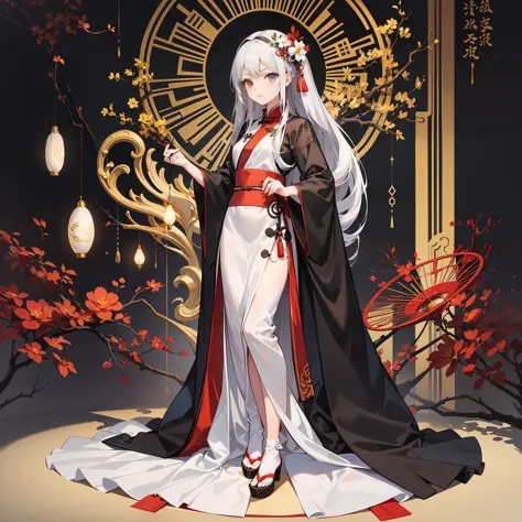 Two-dimensional, ancient style, girl, a person, in the black Chinese style Yin Cao Di Mansion, big world scene, silver-white long hair, black Hanfu, holding a red paper umbrella, the scene with some flowers, full body portrait, exquisite face, best quality...