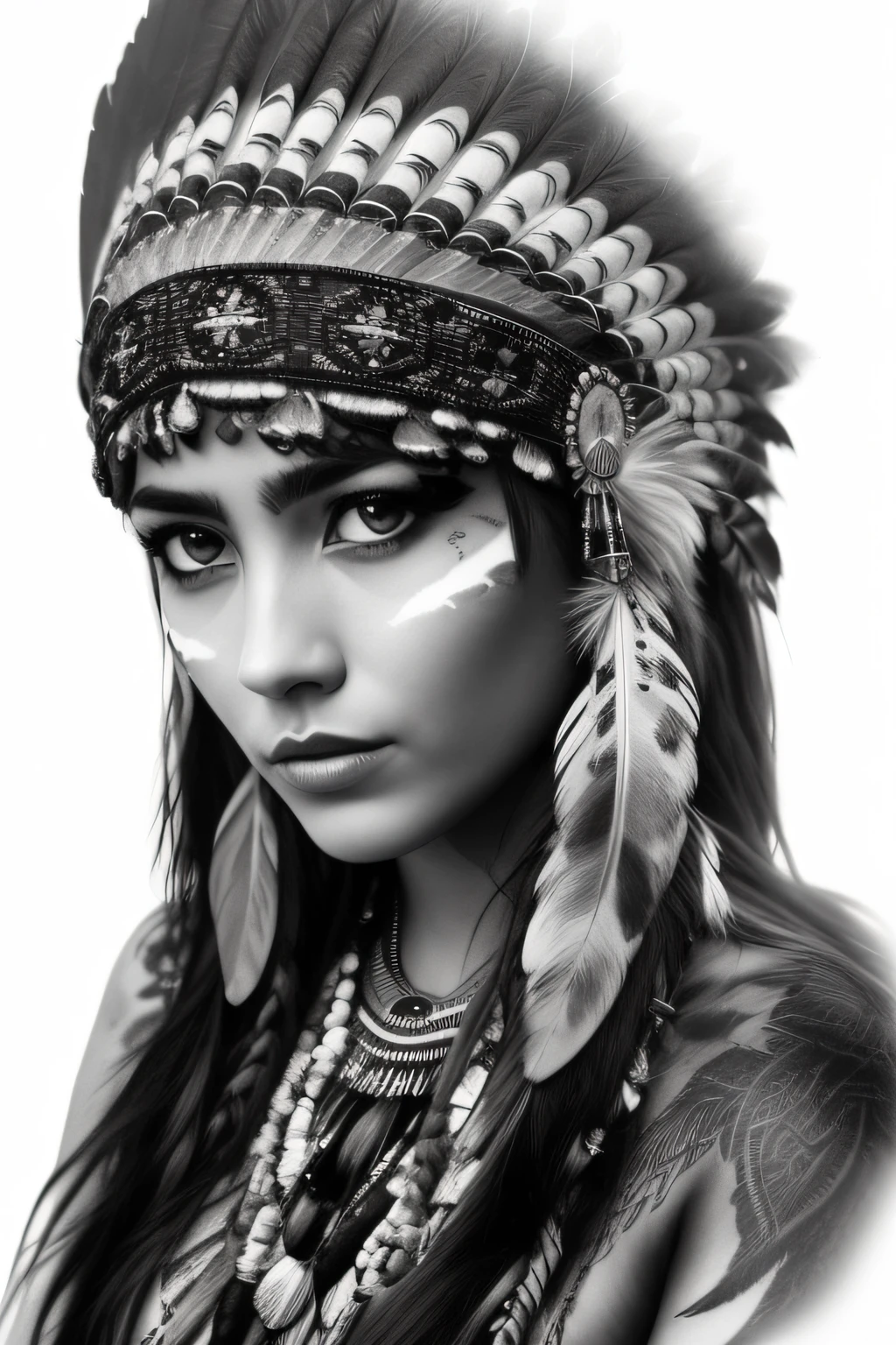 a black and white photo of a woman with feathers on her head, aztec princess portrait, native american, : native american shamen fantasy, indian warrior, indian, a young female shaman, native american warrior, warrior woman, realism tattoo design, portrait of a young pocahontas, a beautiful woman warrior, great digital art with details, warrior girl, girl with feathers