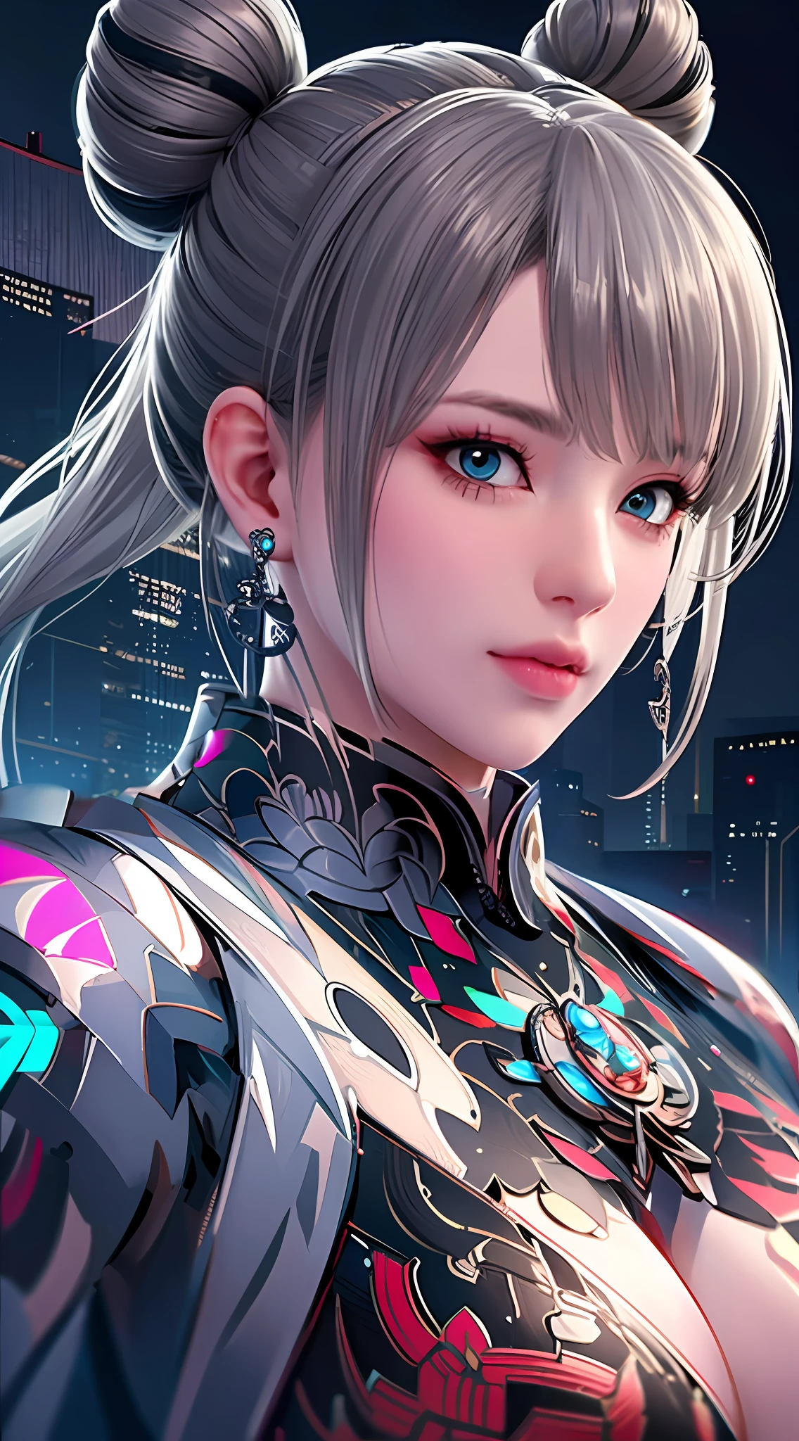 Best Quality, Masterpiece, Ultra High Resolution, (Realistic: 1.4), Symmetrical Communication, 1 Girl, Close-up, Pose, Cyberhan, Internet Street, {{Neon}}, Colorful, Sci-Fi Color, Futuristic, Tech, Complex Background, Best Shadow, Futuristic Fantasy, Metallic, Chinese_Clothes, Cyberhan, Cheongsam, ((Cyberpunk City)), Dynamic Pose, Glowing Headphones, Glowing Hair Accessories, Long Hair, Glowing Earrings, Glowing Necklace, Cyberpunk, ((High-tech City)), ((Full of Mechanical and Futuristic Elements)), Futurism, Technology, Glowing Neon, Pink, Pink Light, Laser, Digital Background City High Sky, Big Moon, With Vehicle, Best Quality, Masterpiece, 8K, Character Edge Light, Super High Detail, High Quality, The Most Beautiful Woman in Mankind, Slight Smile, Face Facing Front Left and Right Symmetry, Ear Decoration, Beautiful Pupil Light Effects, Visual Data, Silver White Hair, Long Hair Over the Waist , Luminous Electronic Watch, Deep Eyes, Happy, English Doodle, (((huge breasts))), (((hyper-detailed facial texture))), (((silvery-white hair)))