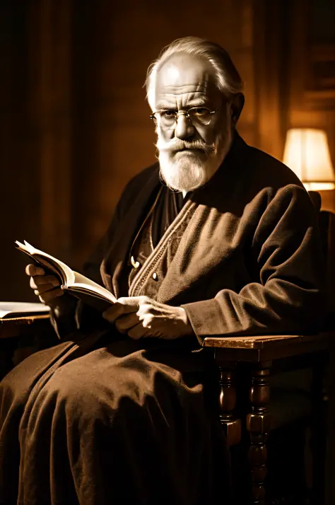 an old man reading an old book, twilight light, warm atmosphere, cultured atmosphere, (masterpiece) (perfect proportion) (photo ...