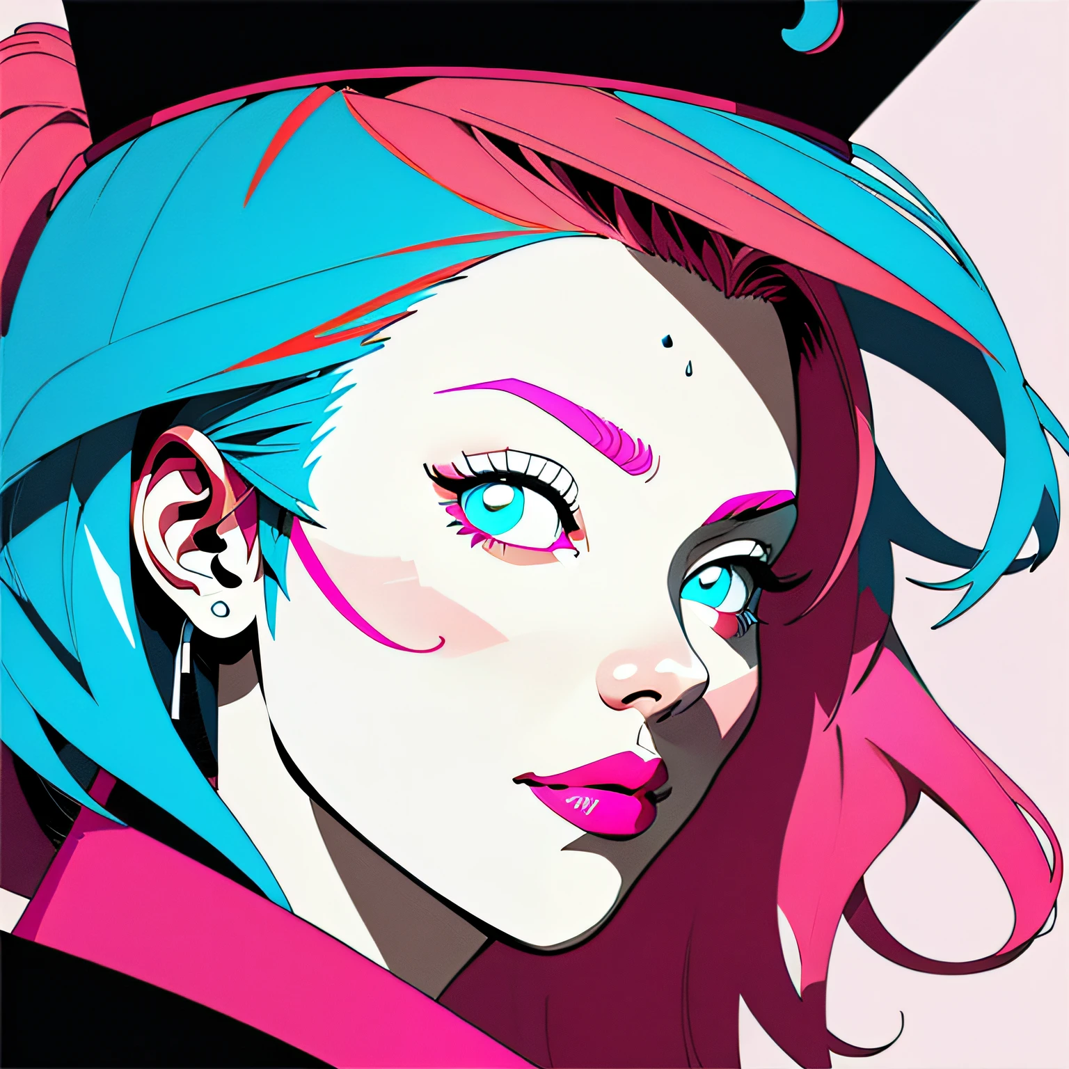 profile, deformed background, (flat color), solo, close-up face, (illustration), many layers, limited tone, isometric, dribbble style illustration, vivid pink hair, clear eyes,