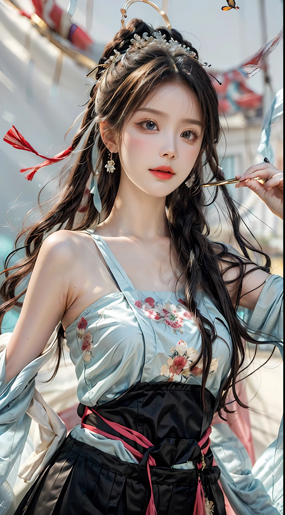(8k, RAW photo, best quality, masterpiece:1.2), (realistic, photo-realistic:1.4), (extremely detailed CG unity 8k wallpaper), super detailed, 1 girl, solo,  gorgeous, dance, flying, Chinese style, dance sleeves, colorful clouds, colorful halos, forehead markings, hair flowers, hair accessories, jewelry, hair clips, hair rings, headwear, long hair, earrings, colorful long skirts, cuffs, fluttering, clear facial features, exquisite face, super detailed eyes, flowers, colored eyes, multi-colored hair, portrait (Master's work: 1.2, best quality), Ultra fine, ultra precise demonstration (dynamic pose), color (top to bottom: 1.2), natural light, strong light sensation, sky background, butterfly, Chinese clothing, facial markings, Hanfu, handheld instrument, pipa, long hair, looking at the audience, parted lips, faint smile, solo, upper body, bright colors, official art, unified 8k wallpaper, ultra detailed, beautiful and aesthetic, masterpiece, best quality,1girl,