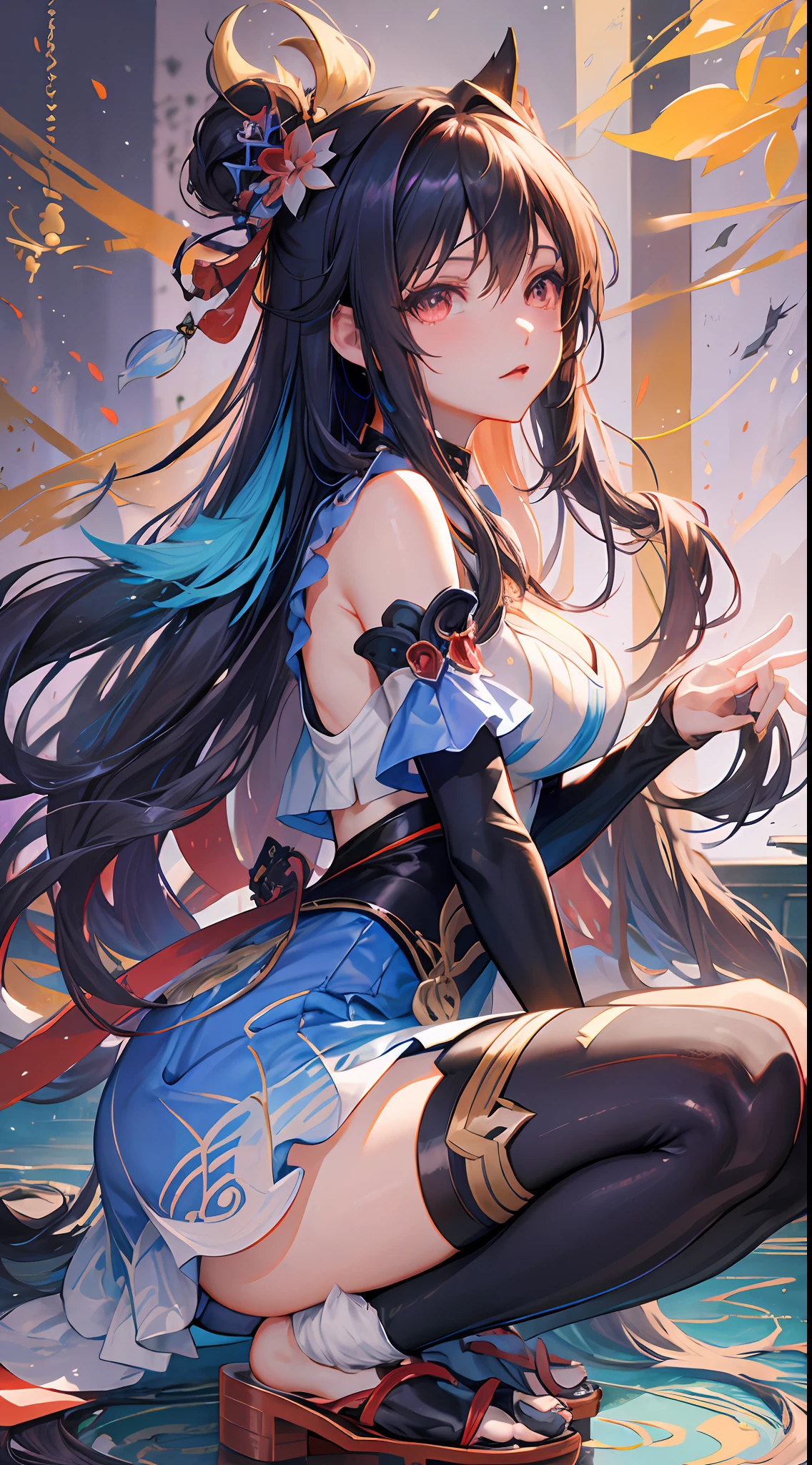 Menina anime em um vestido azul sentado em um tapete vermelho, linda garota de anime agachada, garota anime sedutora, por Yang J, linda mulher de anime sedutora, keqing do impacto genshin, Artgerm extremamente detalhado, cauda longa e elegante atrás, a garota do anime está agachada, Guweiz, deusa japonesa, tendências no cgstation