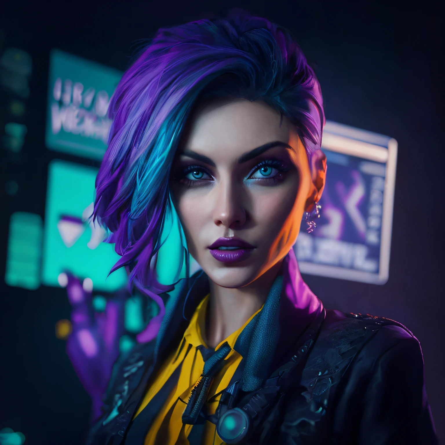 arafed woman with purple hair and blue eyes in a neon room, hyper-realistic cyberpunk style, cyberpunk art ultrarealistic 8k, cyberpunk style color, cyberpunk portrait, beautiful cyberpunk woman model, the cyberpunk girl portrait, cyberpunk style ， hyperrealistic, in cyberpunk style, cyberpunk photo, cyberpunk look, cyberpunk 2 0 y. o model girl, cyberpunk jackie welles --auto