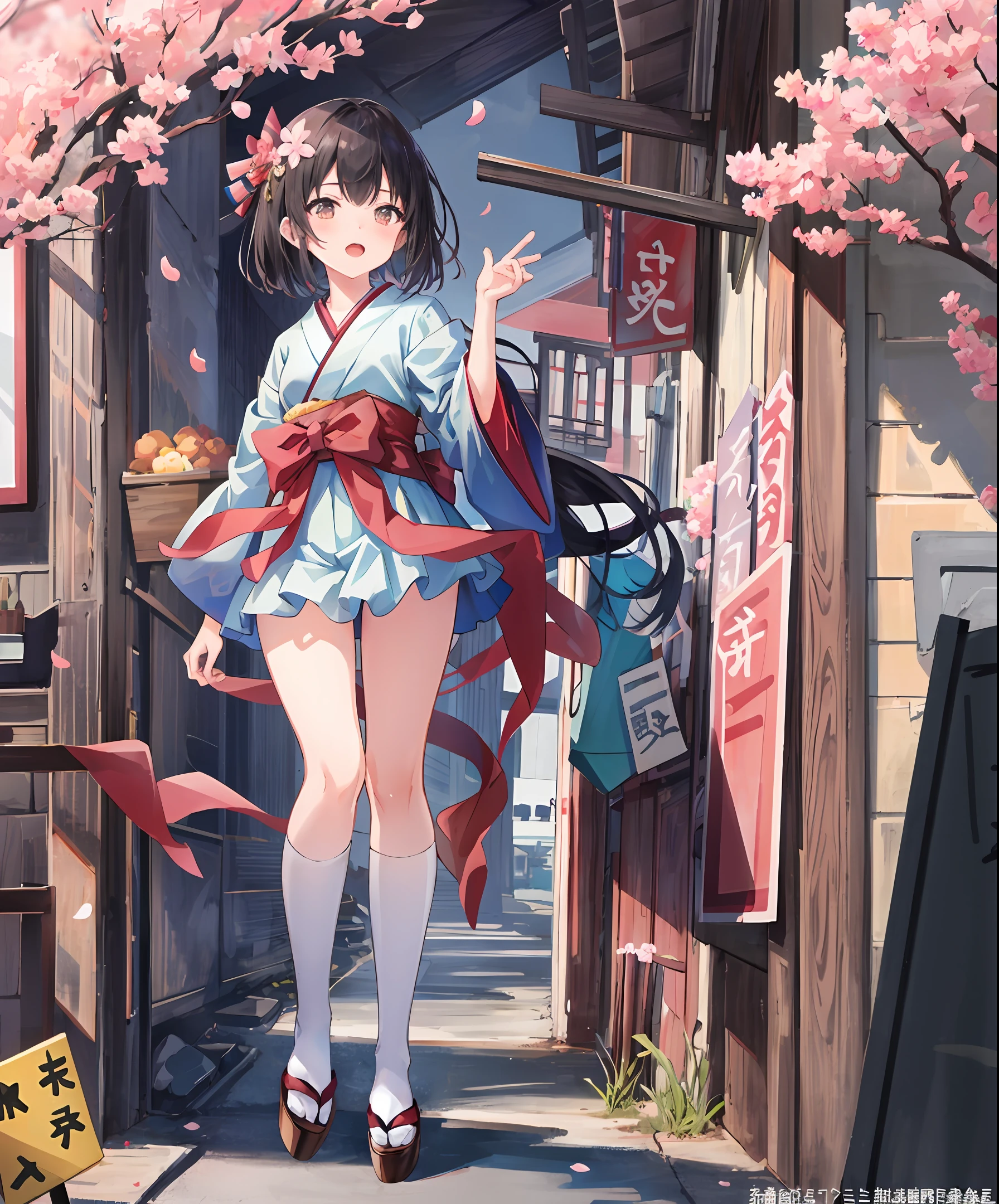 Cherry blossom spirit, short bob, Japanese bow, small breasts, black hair, fantastic, super definition, high quality, 8k, super beautiful, anime style, full body, composition looking up from below