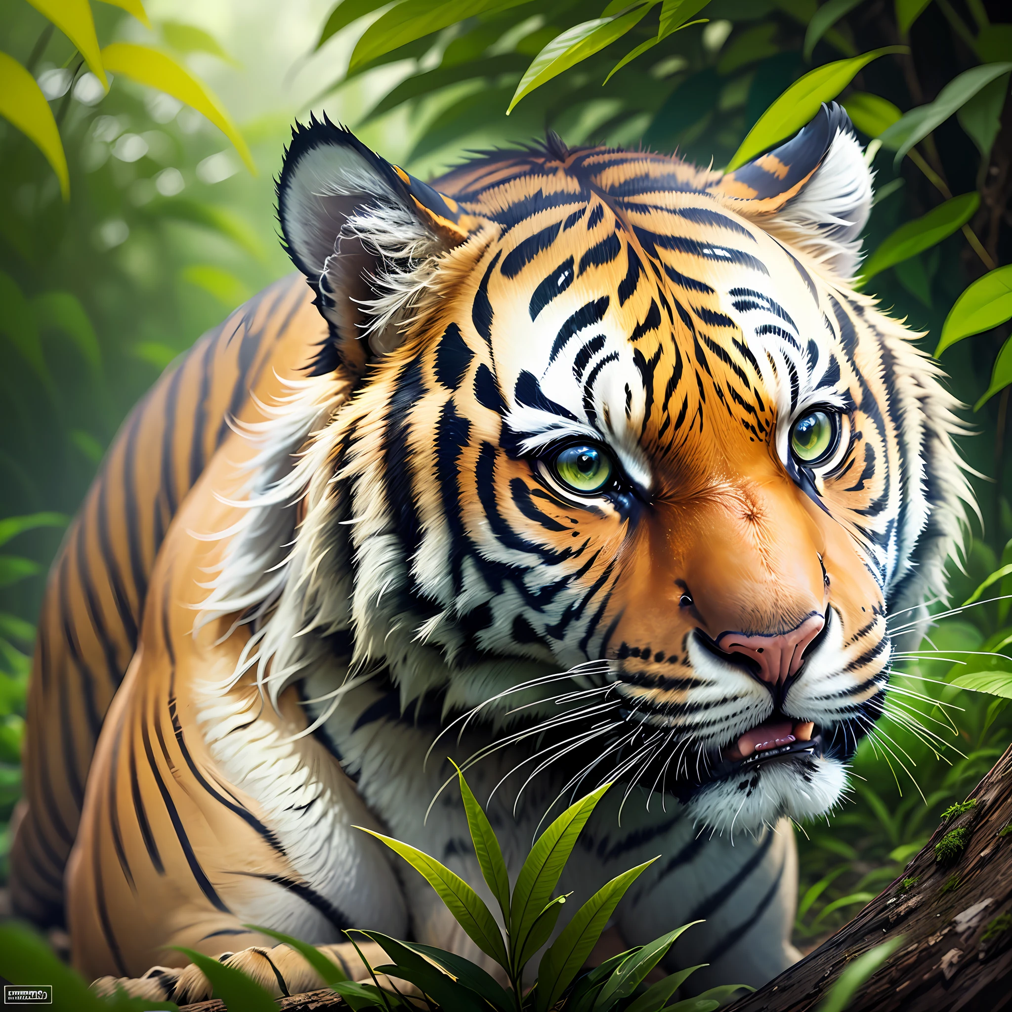 Tiger in the jungle with green eyes and a bushy background - SeaArt AI