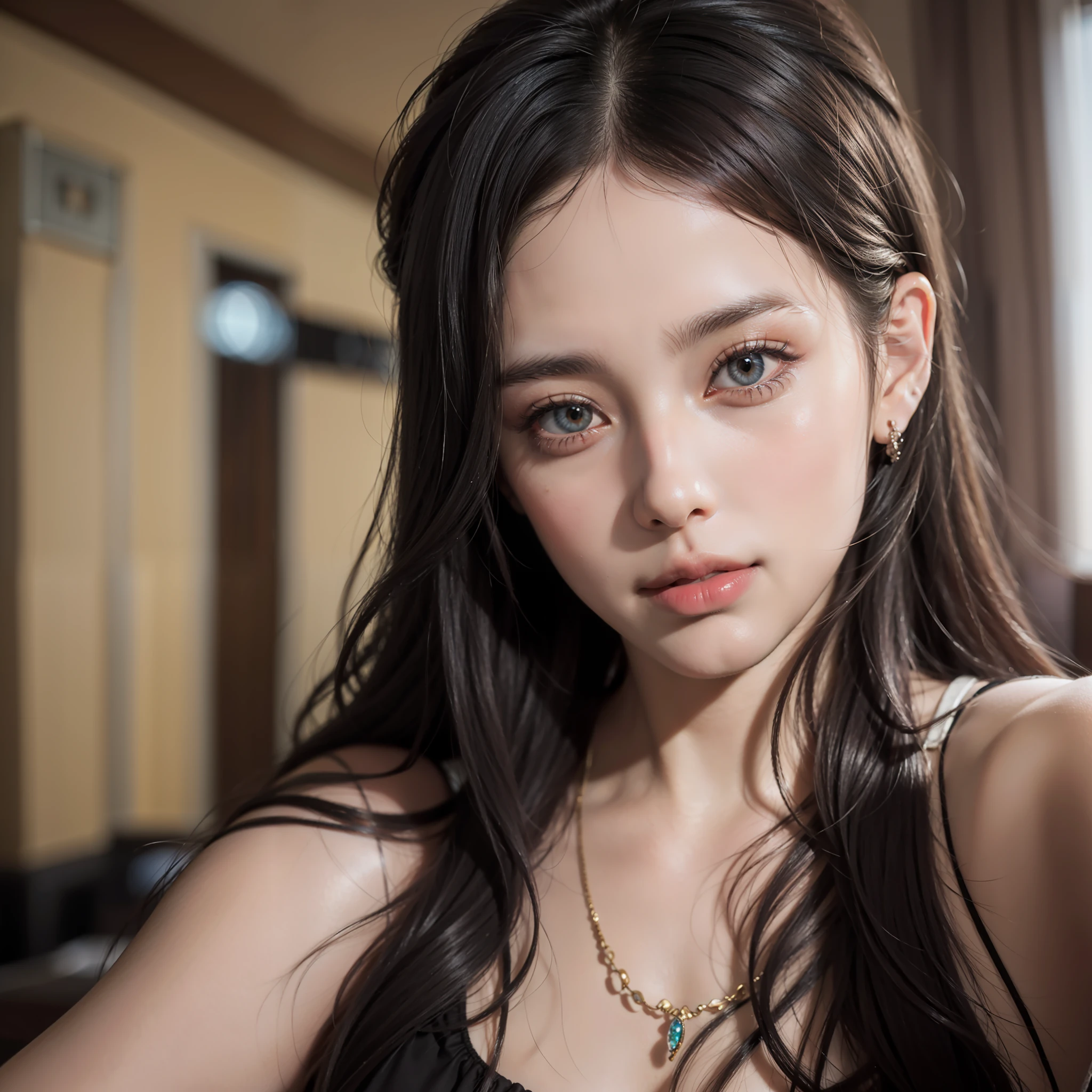8K, Best Quality, Masterpiece, Ultra High Resolution, (Realism: 1.4), Original Photo, (Realistic Skin Texture: 1.3), (Film Grain: 1.3), (Selfie Angle) 1 Girl, Beautiful Eyes and Face Details, Masterpiece, Best Quality, Close-up, Upper Body, Looking at the Viewer