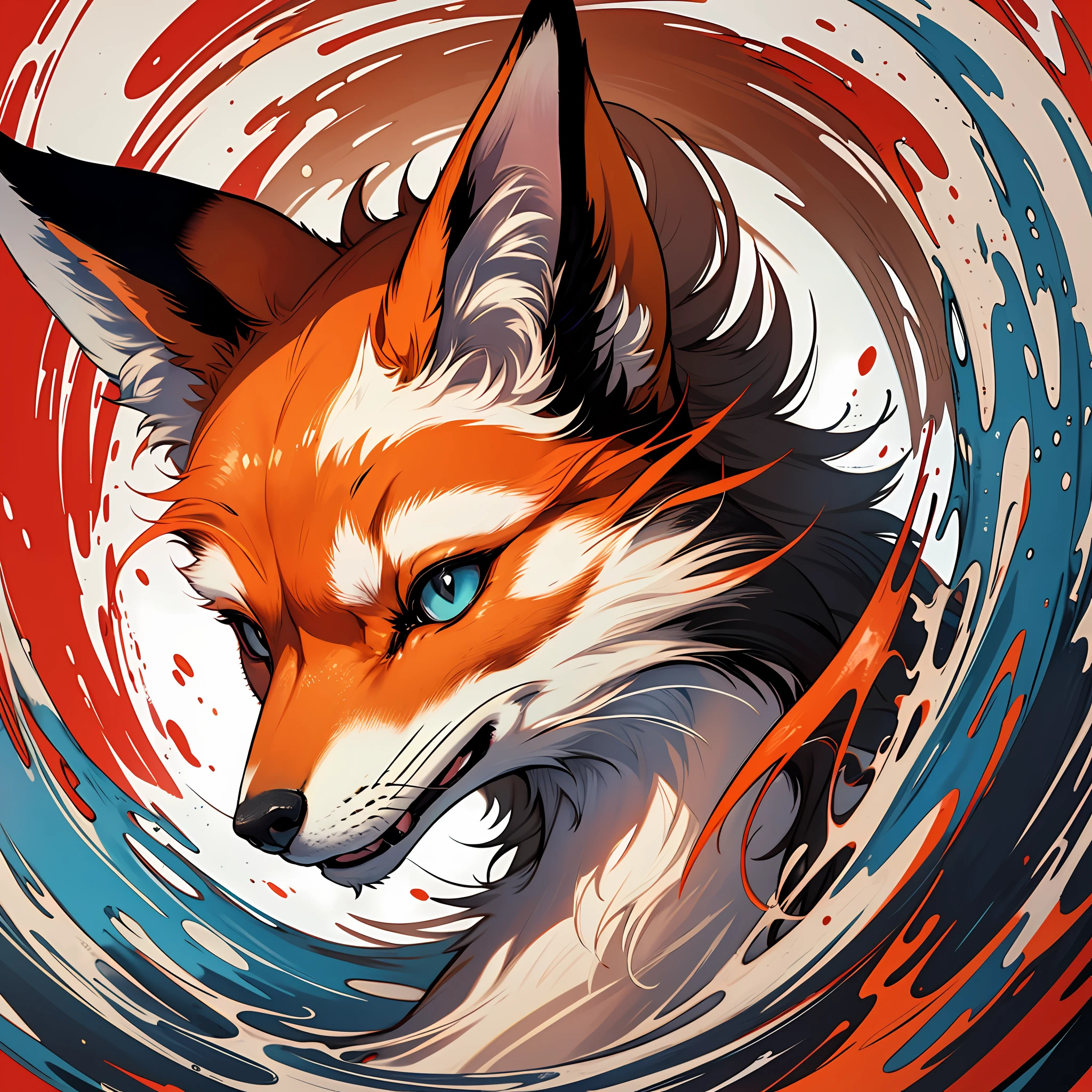 Portrait, artwork, detailed and blurred red background, Symbol of a fox head in the center of the image, detailed logo, 8k, 1:1, Black edges, soft one-sided lighting, no drop of water, Staring at the viewer, front angle,