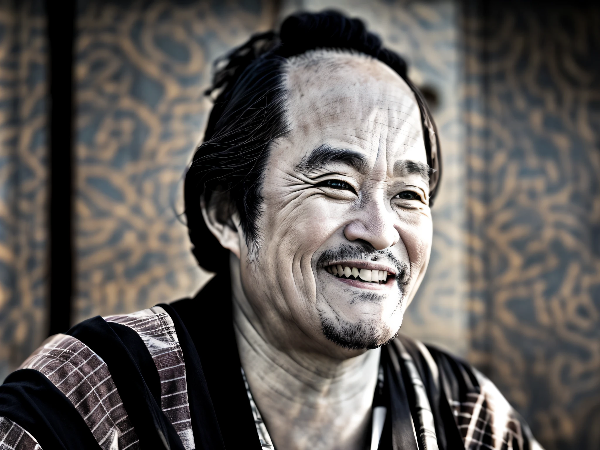 8k, top quality, masterpiece, realistic, super detail, photo, HDR, row photo, high resolution, smiling man in black and white shirt and plaid kimono, Bakumatsu Taiyoden, Frankie Sakai