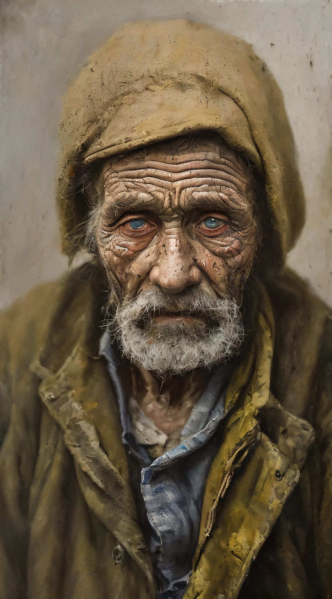 A portrait of poor russian 1800 old worker in rags, ((overwhelming fatigue )), wrinkles of age, concept art, oil pastel painting , moody gray colors , gritty, messy stylestyle of Alexey Savrasov, Ivan Shishkin, Ilya Repin, (cel shaded:1.2), 2d, (oil painting:1.2) highly detailed