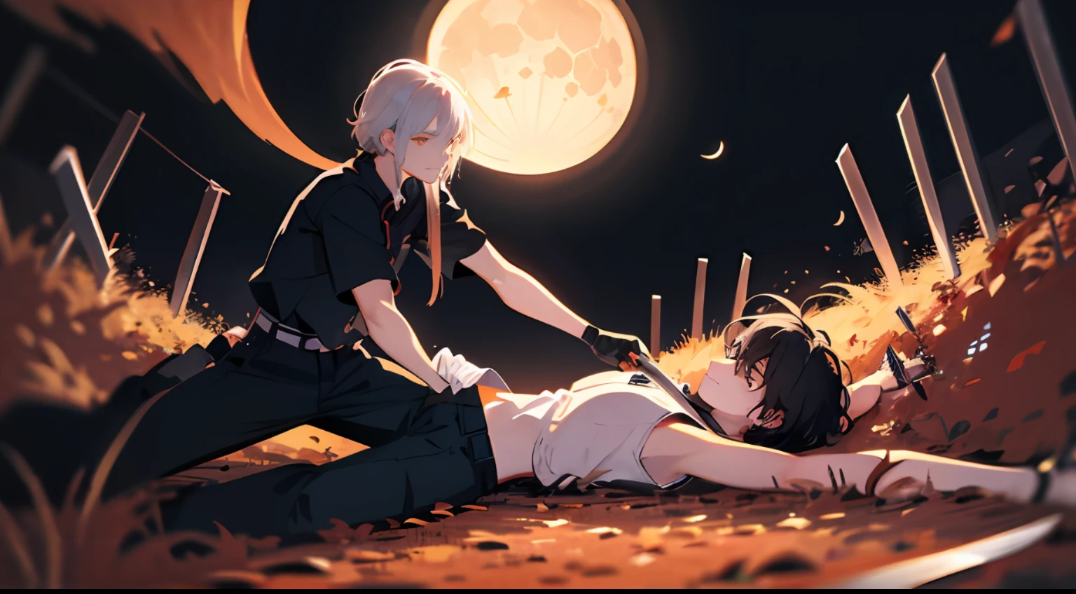 Knife handle on the stomach, two people, 1gril stabs 1boy with a knife, chase, assassination, assassination, (illustration: 1.0), serial, masterpiece, best quality, Mid-Autumn Night, moon dark wind high, (Killing night: 2)