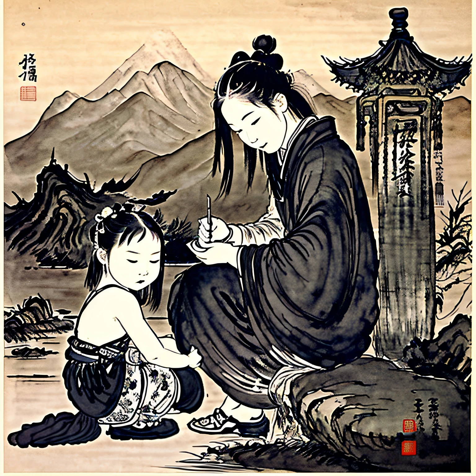 (傑作, 最高品質: 1.2), 伝統的な中国の水墨画, 2人の子供 --自動