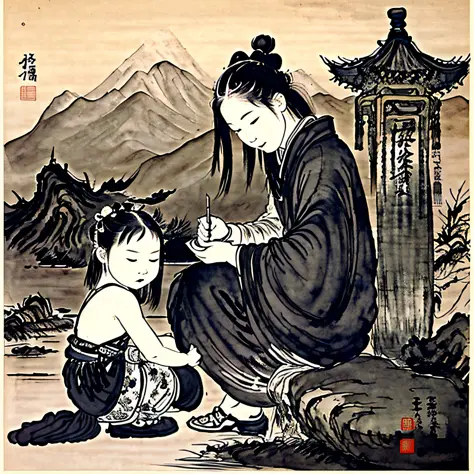 (masterpiece, best quality: 1.2), traditional Chinese ink painting, two children --auto