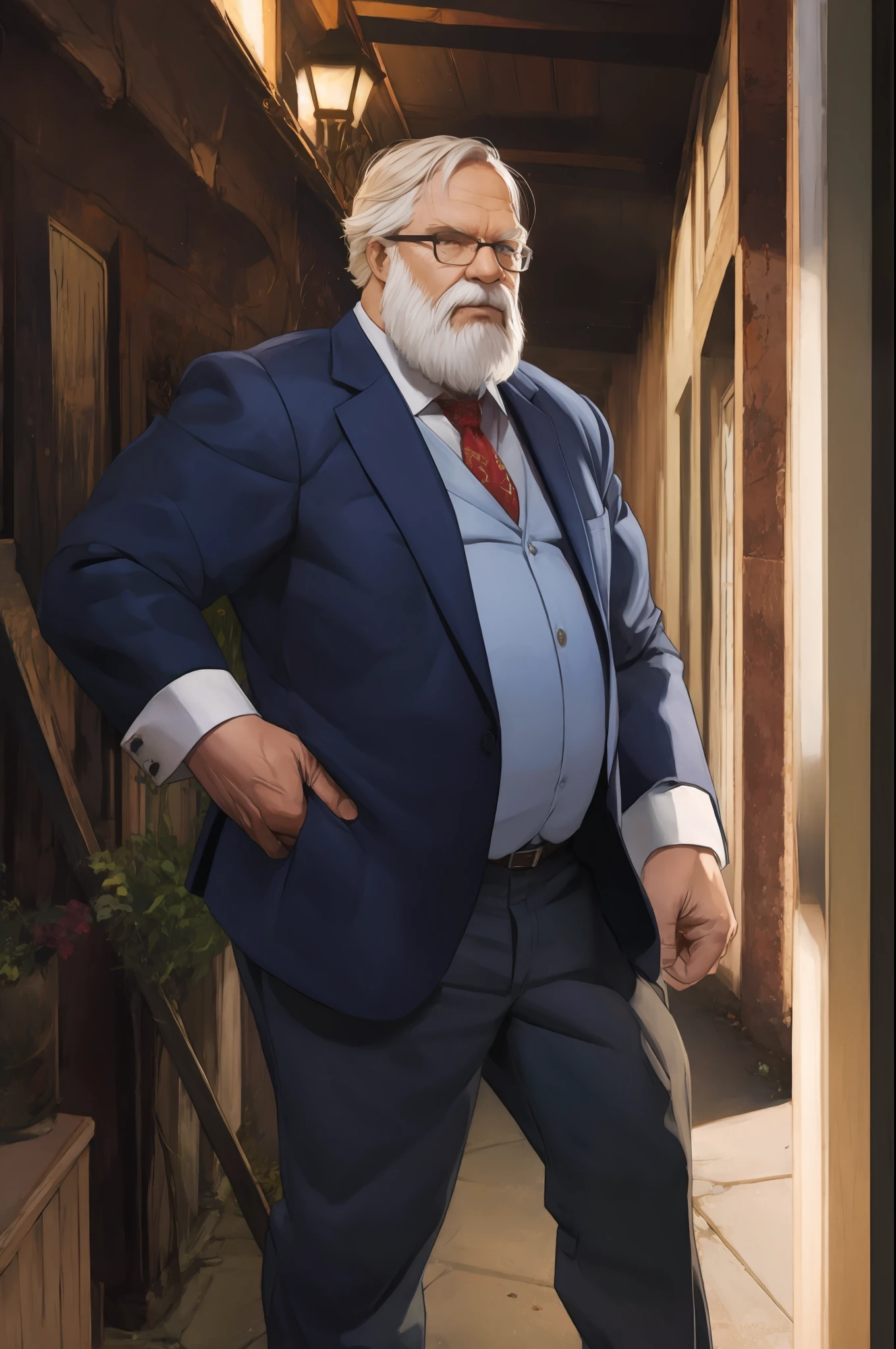 a old man standing, wearing suits