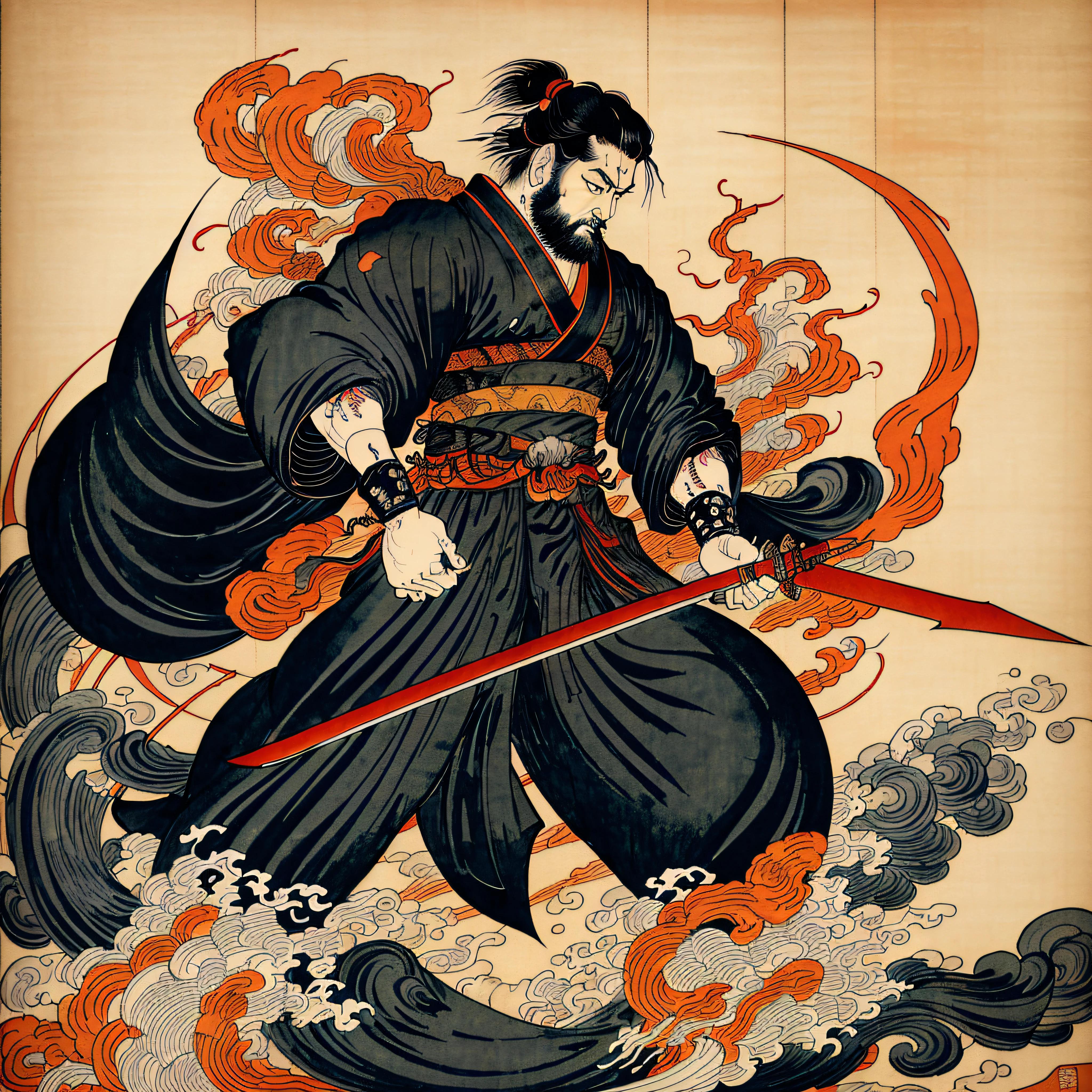 É uma pintura de corpo inteiro com cores naturais no estilo ukiyo-e. Um samurai japonês com um corpo grande como um homem forte. Ele tem um rosto áspero, cabelo preto curto, e um curto, barba aparada. Ele usa um quimono preto. O hakama deve ser um pouco mais longo e desenhado em uma forma fluida que flutua ao vento. Ele segura uma espada na mão direita com chamas saindo de sua espada japonesa. O fundo é uma chama rodopiante no estilo Katsushika Hokusai. Obra-prima do estilo ukiyo-e de alta resolução, com a mais alta qualidade --auto --s2