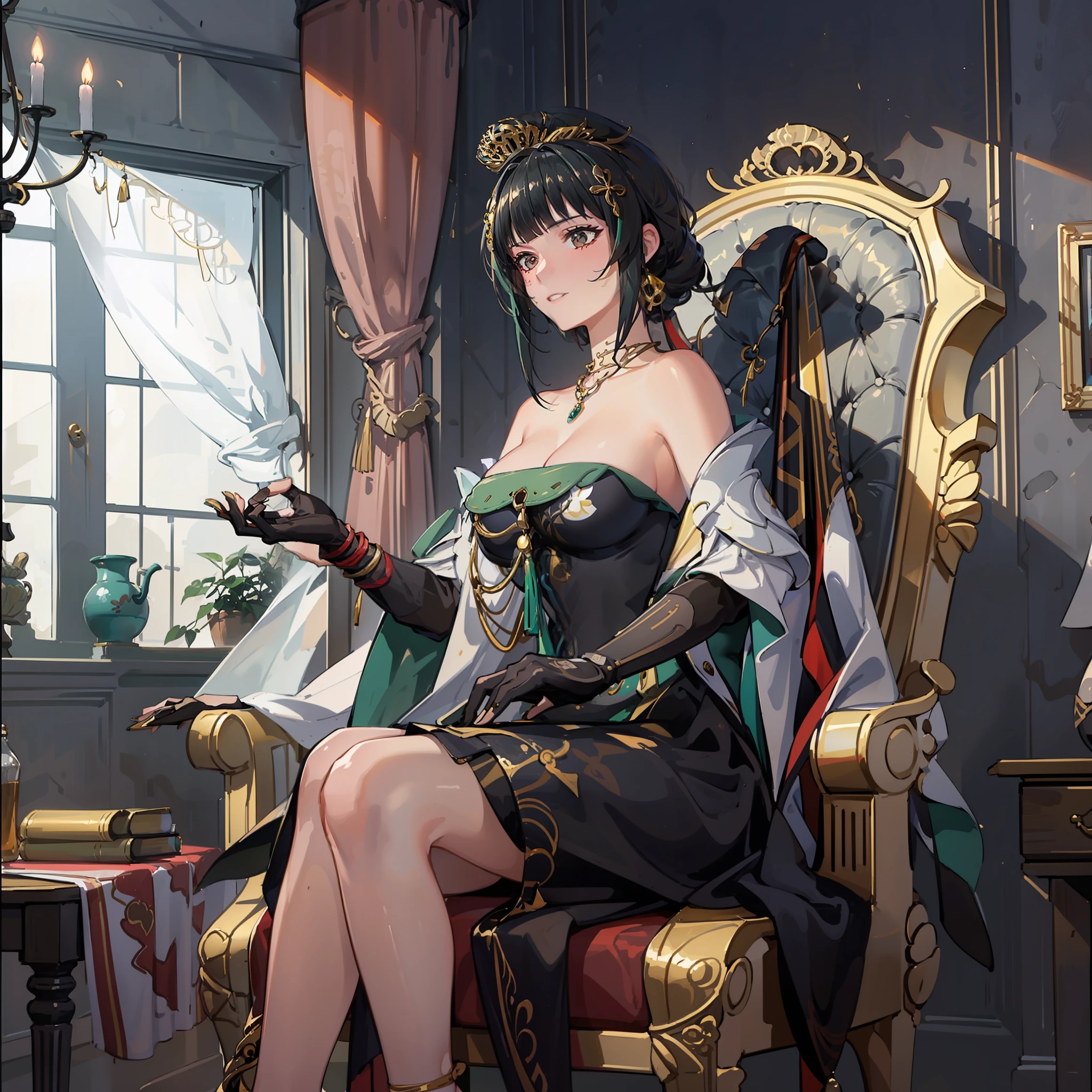 A girl, a golden crown, sitting on the throne, the queen.