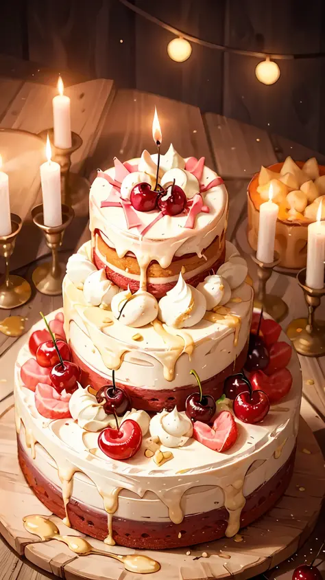 masterpiece, high quality, best quality, pink cream cake, cherries, food photos, lit red candles