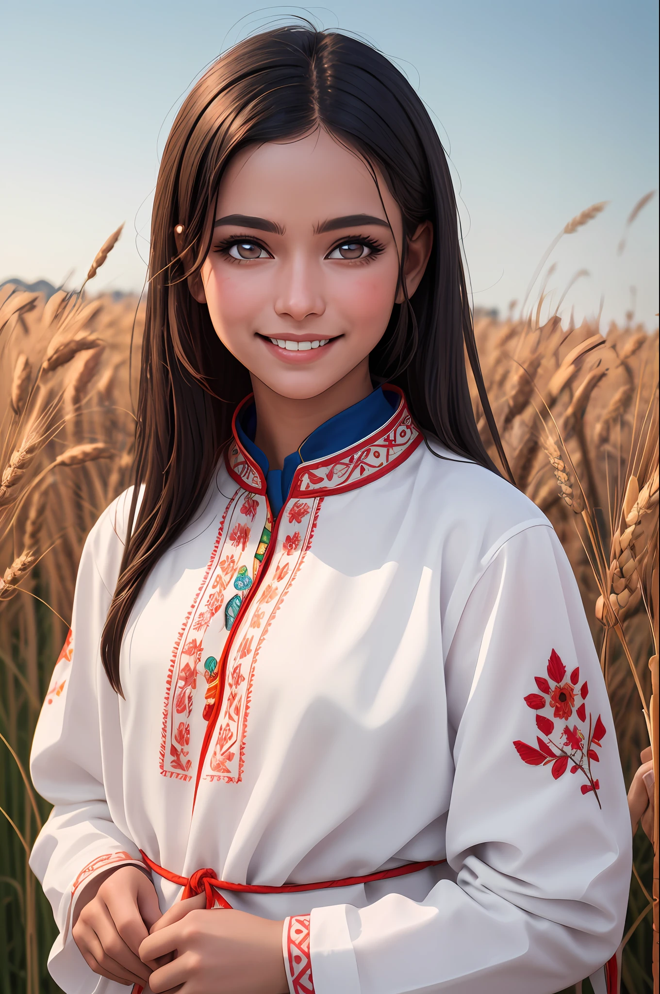 professional photo of bb, embroidery, india Brazil, red blue yellow, intricate, detailed,dark hair straight detailed skin, detailed eyes, photo made with Canon EOS, volumetric light, wheat field, popular at artstation, popular at deviantart, popular at flickering, smile, artisan breads, bakery