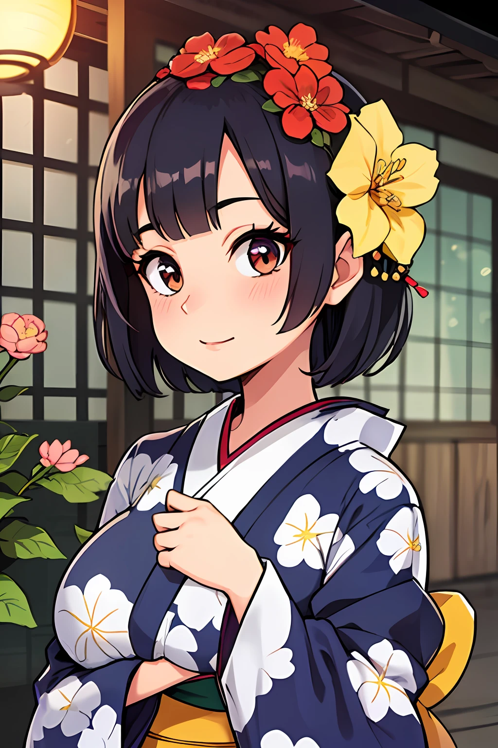 high resolution, professional lighting, a woman with a flower in her hair, classy yukata clothing, twitch streamer, very long bangs, ulzzang, natural short hair, 60s, moe, full view of face and body, featured on amiami, photo of young woman, ethnicity:japanese, mayuri shiina, nas, , masterpiece, best quality