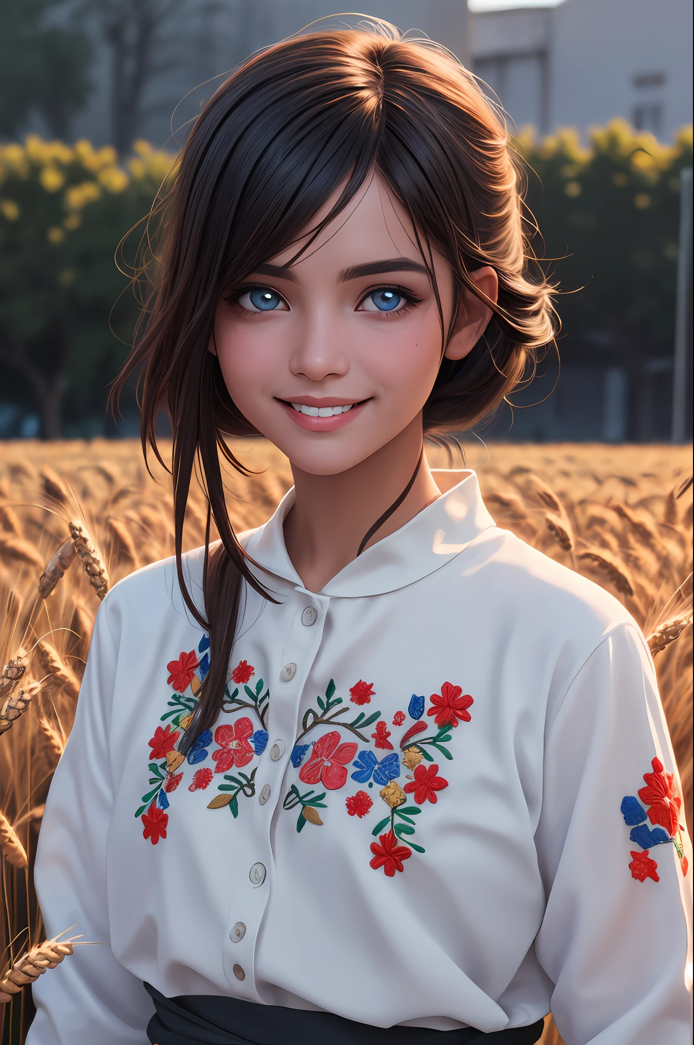 professional photo of bb, embroidery, india Brazil, red blue yellow, intricate, detailed,dark hair straight detailed skin, detailed eyes, photo made with Canon EOS, volumetric light, wheat field, popular at artstation, popular at deviantart, popular at flickering, smile, artisan breads, bakery