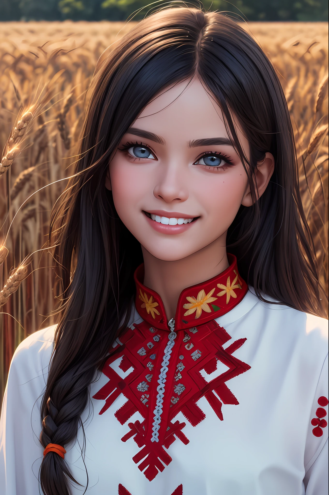 professional photo of bb, embroidery, india Brazil, red blue yellow, intricate, detailed,dark hair straight detailed skin, detailed eyes, photo made with Canon EOS, volumetric light, wheat field, popular at artstation, popular at deviantart, popular at flickering, smile, artisan breads, bakery