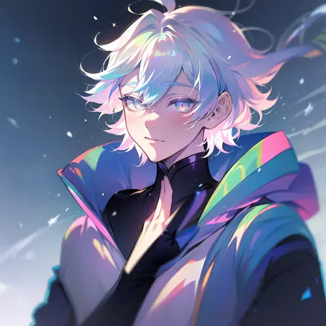 0.7>,anime boy,snow,(Male),jacket,diamond,multicolored hair, multicolored eyes