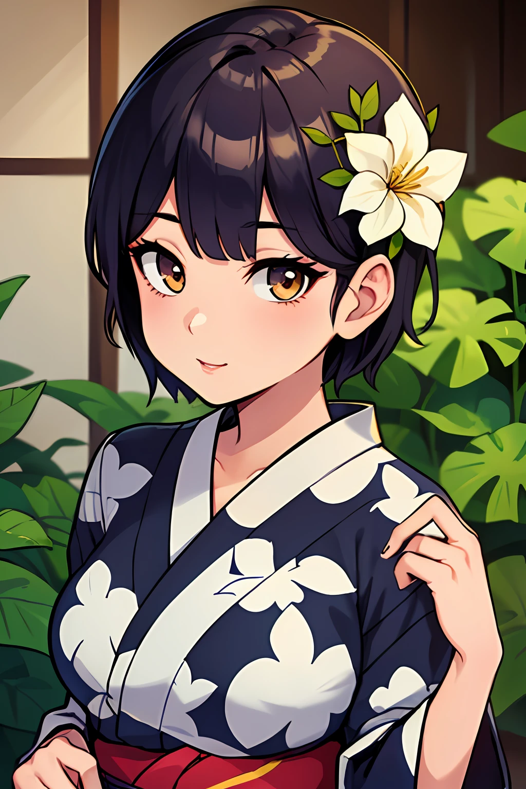 high resolution, professional lighting, a woman with a flower in her hair, classy yukata clothing, twitch streamer, very long bangs, ulzzang, natural short hair, 60s, moe, full view of face and body, featured on amiami, photo of young woman, ethnicity:japanese, mayuri shiina, nas, , masterpiece, best quality