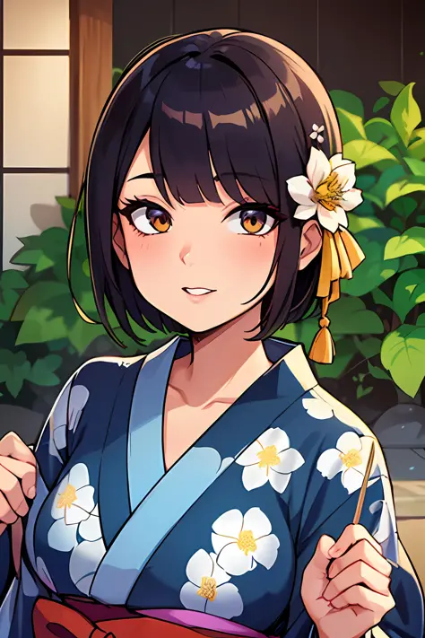 high resolution, professional lighting, a woman with a flower in her hair, classy yukata clothing, twitch streamer, very long ba...