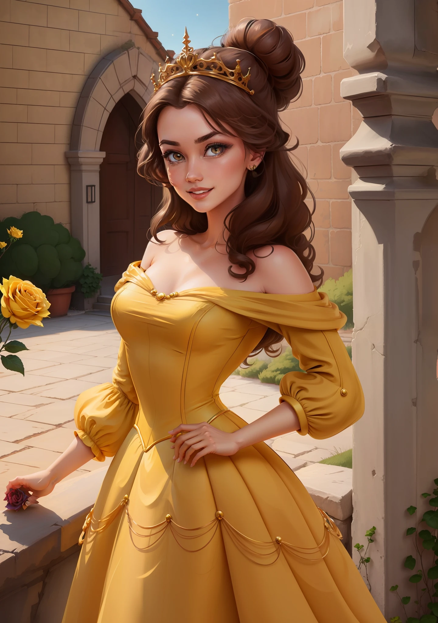 (BelleWaifu:1), surprised, handsome, handsome pose, looking at the viewer, thick thighs, (long yellow dress:1.2), (hair bun, tiara) :D, curvy, (holding a red rose:1),

(realistic: 1.2), (realism), (masterpiece: 1.2), (best quality), (ultra detailed), (8k, 4k, intricate), (full-body-shot: 1), (Cowboy-shot: 1.2), (85mm), light particles, lighting, (highly detailed: 1.2), (detailed face: 1.2), (gradients), sfw, colorful, (detailed eyes: 1.2),

(detailed landscape, garden, plants, castle: 1.2), (detailed background), detailed landscape, (dynamic angle: 1.2), (dynamic pose: 1.2), (rule of third_composition: 1.3), (line of action: 1.2), wide shot, daylight, soil,