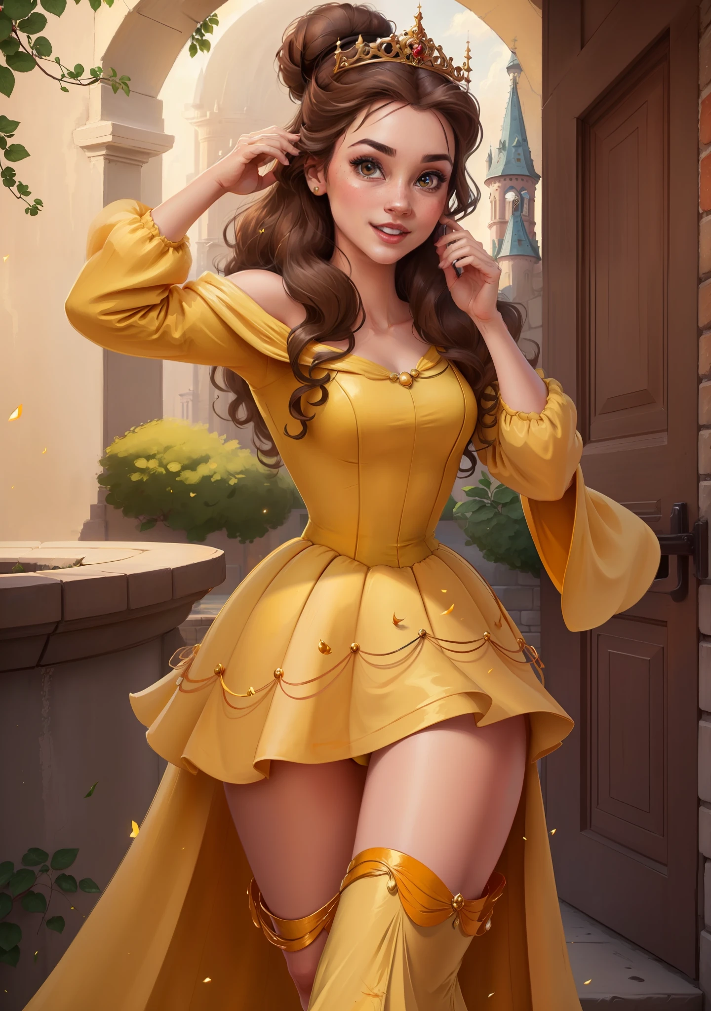 (BellaWaifu:1), sorprendido, elegante, elegante pose, mirando al espectador, Muslos gruesos, (vestido largo amarillo:1.2), (Moño, tiara) :d, curvas, (sosteniendo una rosa roja:1),

(Realista: 1.2), (realism), (obra maestra: 1.2), (mejor calidad), (ultra detallado), (8K, 4k, Intrincado), (foto de cuerpo completo: 1), (tiro de vaquero: 1.2), (85mm), partículas de luz, Encendiendo, (muy detallado: 1.2), (cara detallada: 1.2), (gradientes), SFW, Vistoso, (ojos detallados: 1.2),

(paisaje detallado, jardín, plantas, castillo: 1.2), (antecedentes detallados), paisaje detallado, (ángulo dinámico: 1.2), (pose dinámica: 1.2), (regla de tercero_composición: 1.3), (Línea de acción: 1.2), plano general, luz, suelo,