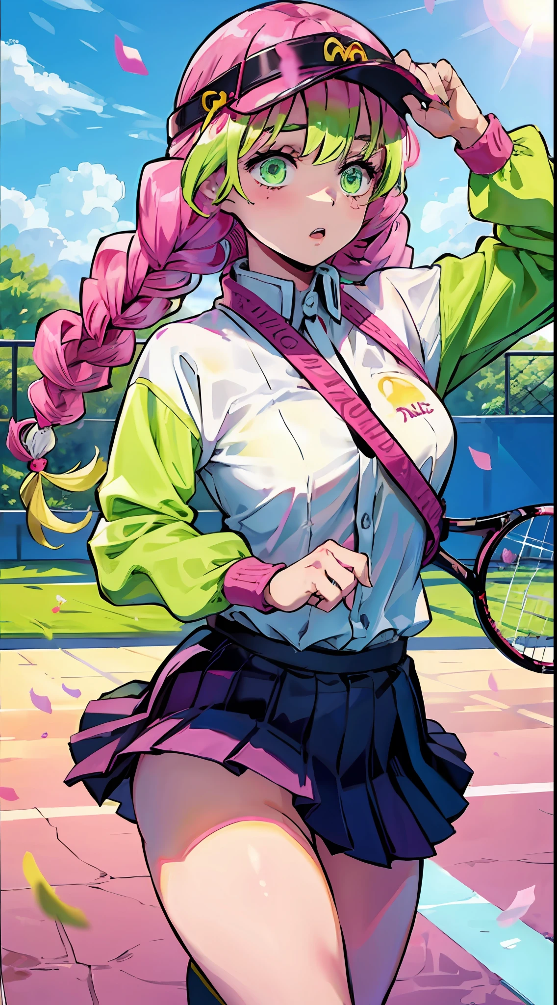 Kanroji honey, gradient hair, pink hair, green hair, tennis uniform, skirt, sun visor, McDonald's, pinching potatoes,