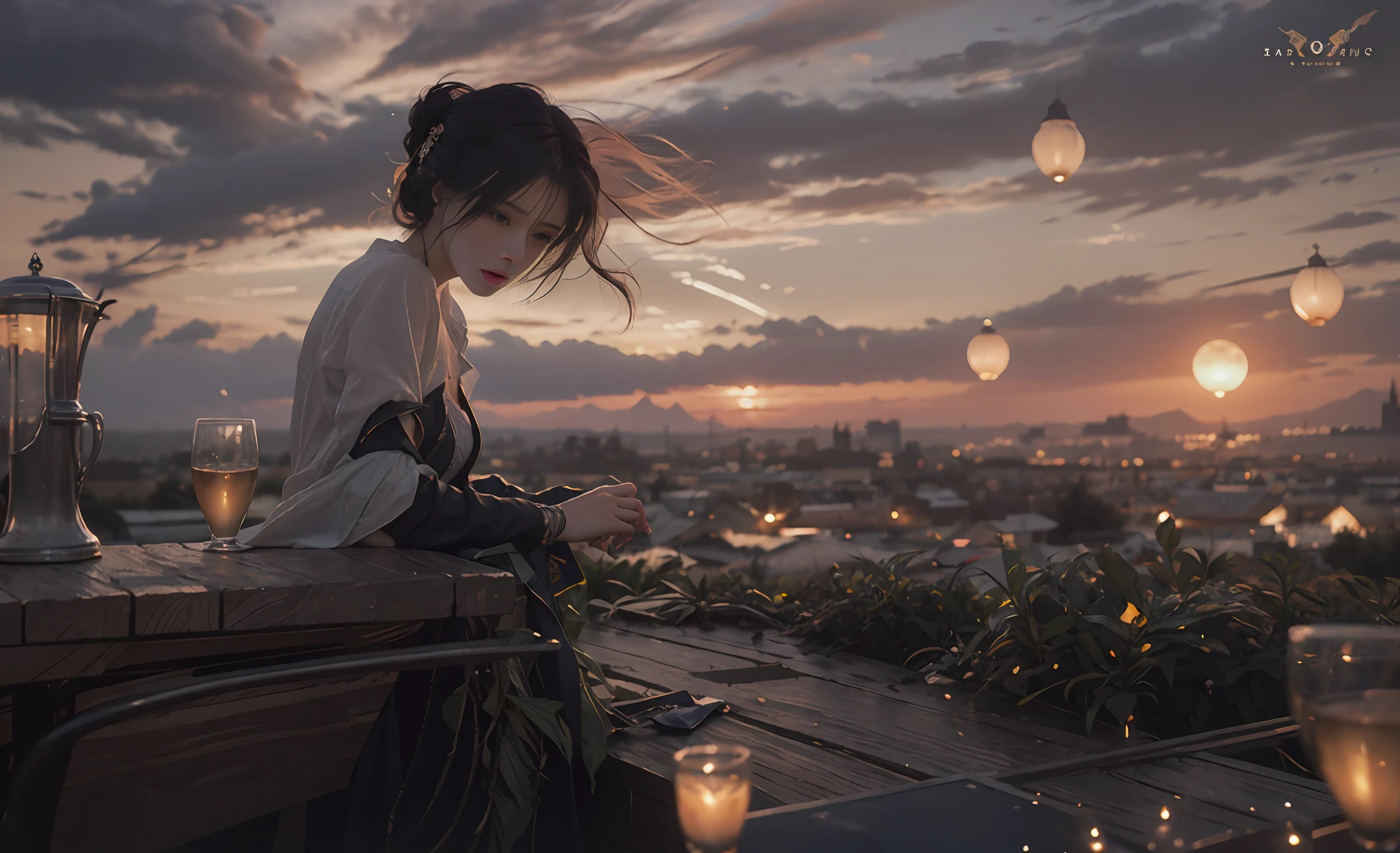 (RAW photo, best picture quality), (realism, realism: 1.3), best picture quality, high detail, masterpiece, hyper-detail, illustration, girl, upper body, messy long hair, best picture quality, extremely detailed CG uniform 8k, sunset, sunset, head down